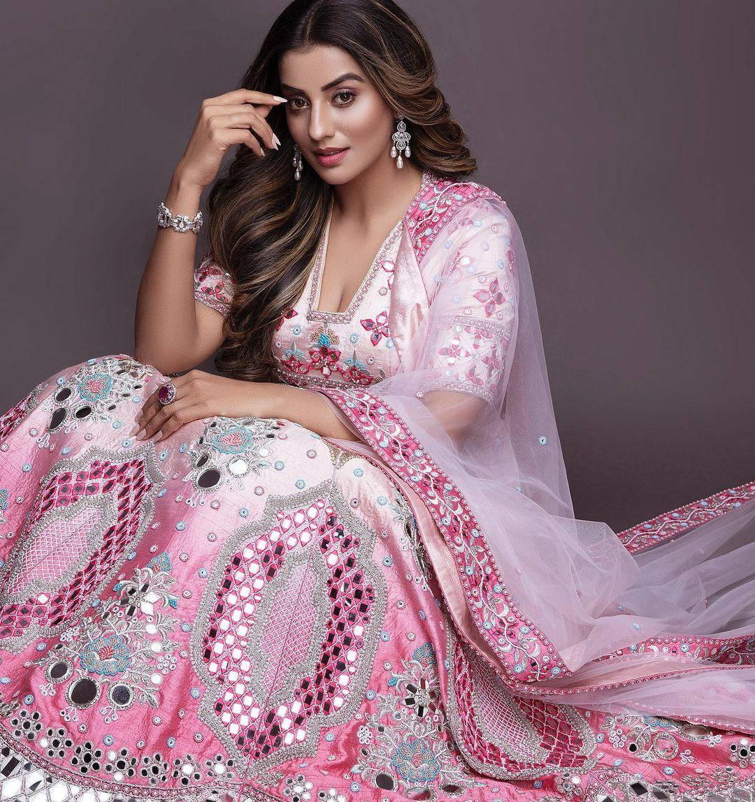 Bhojpuri actress, pink lehenga, silver mirror work, SD Phone Wallpaper