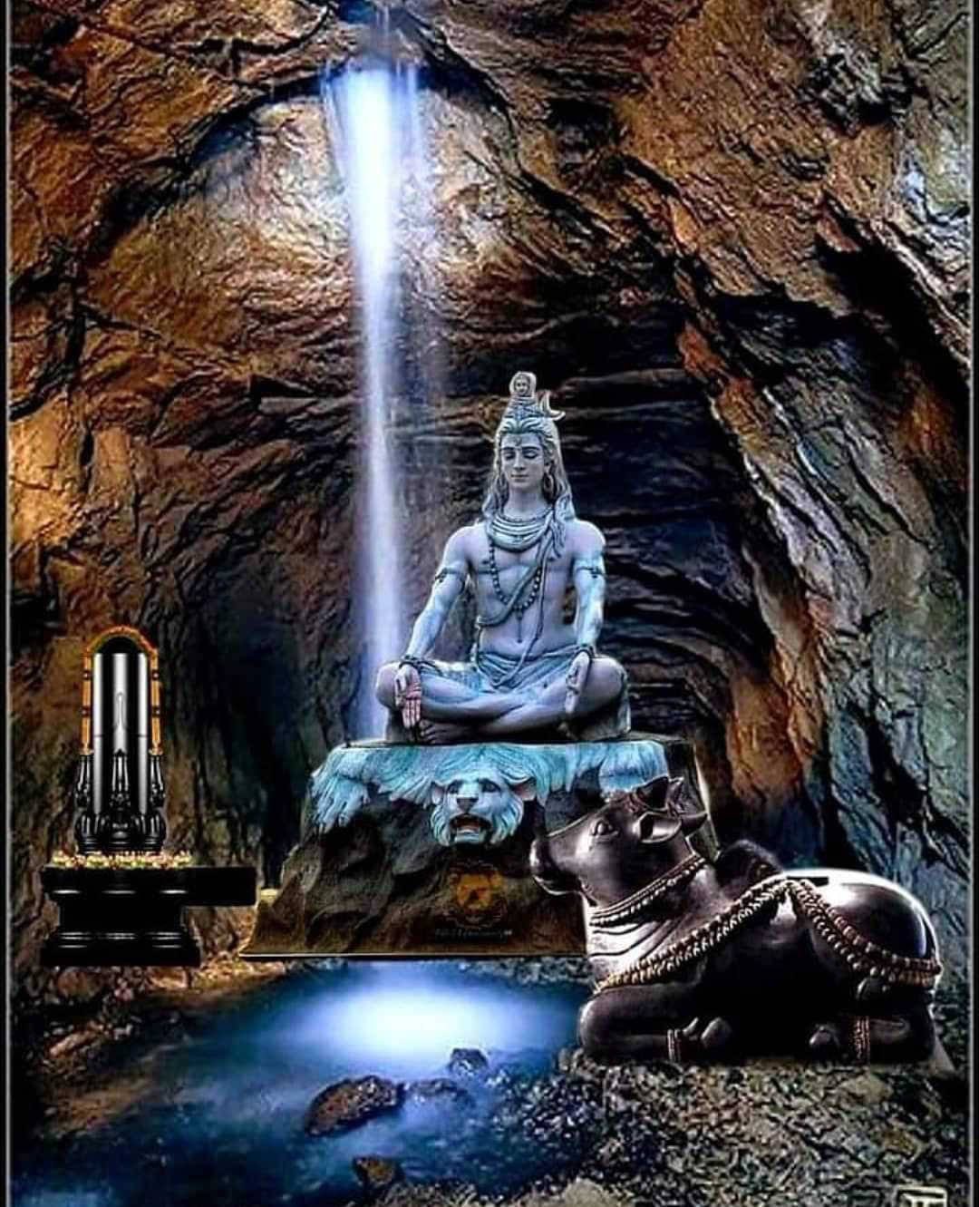 Bhole Baba, rocky cave, glowing waterfall, HD Phone Wallpaper