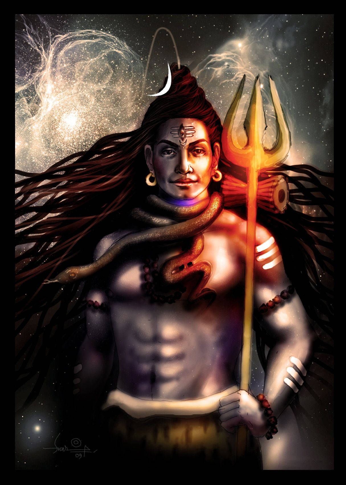 Bholenath, glowing trident, cosmic starry background, HD Phone Wallpaper