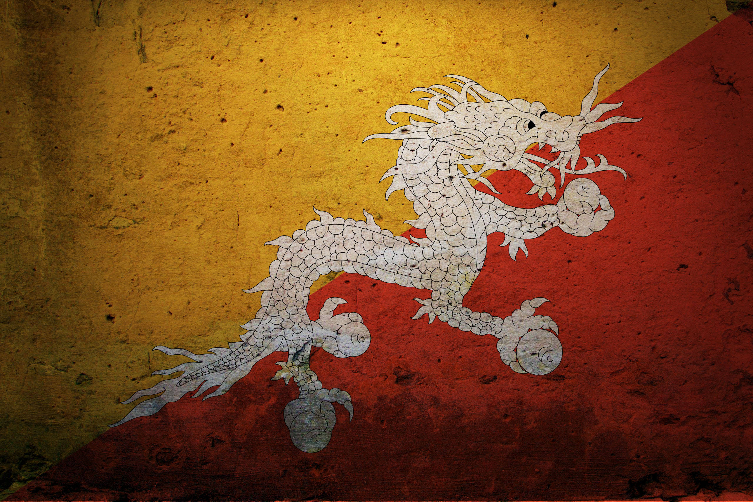Bhutan, white dragon, yellow and red background, 2K Desktop Wallpaper