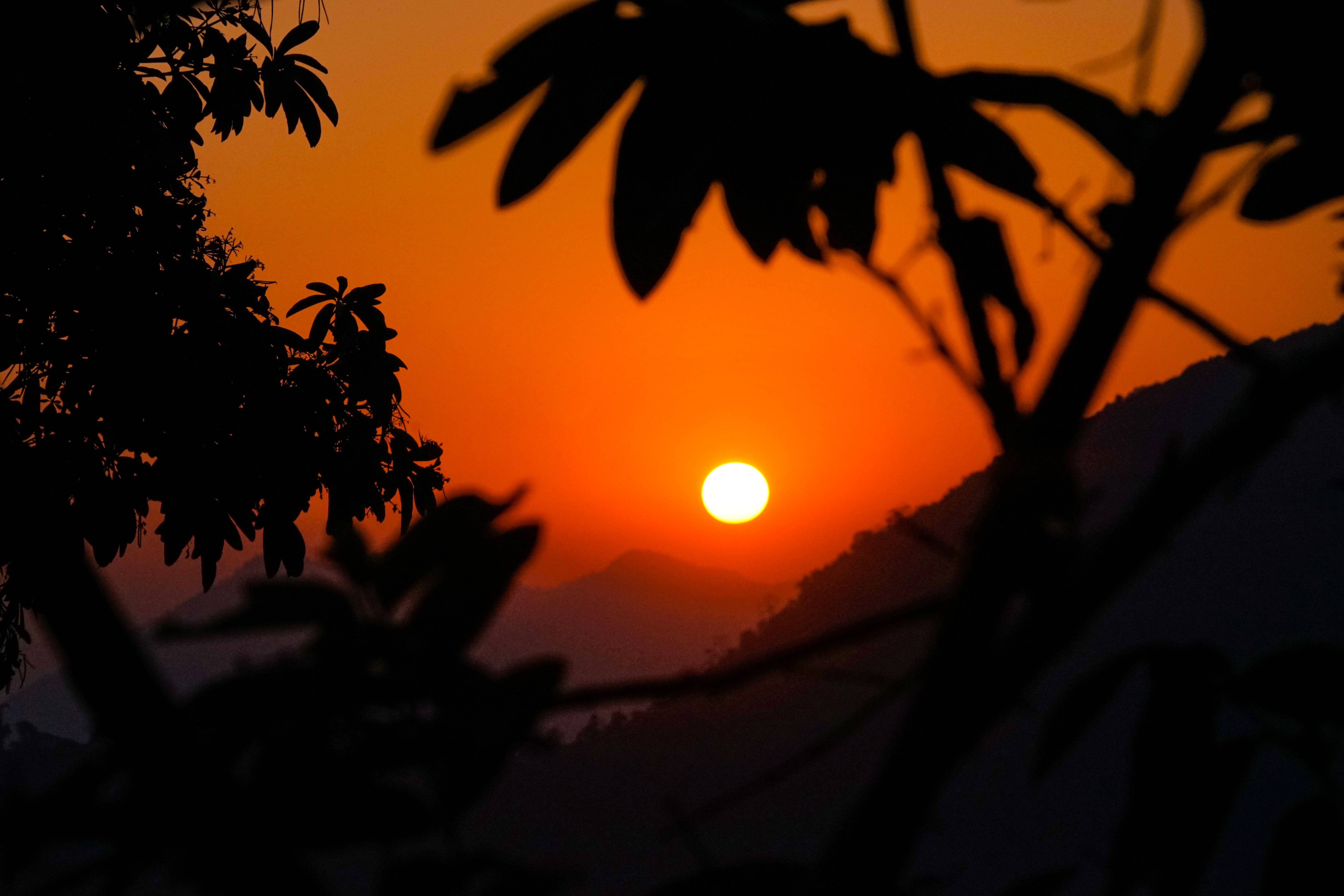 Bhutan, orange sunset, distant mountains, 5K Desktop Wallpaper