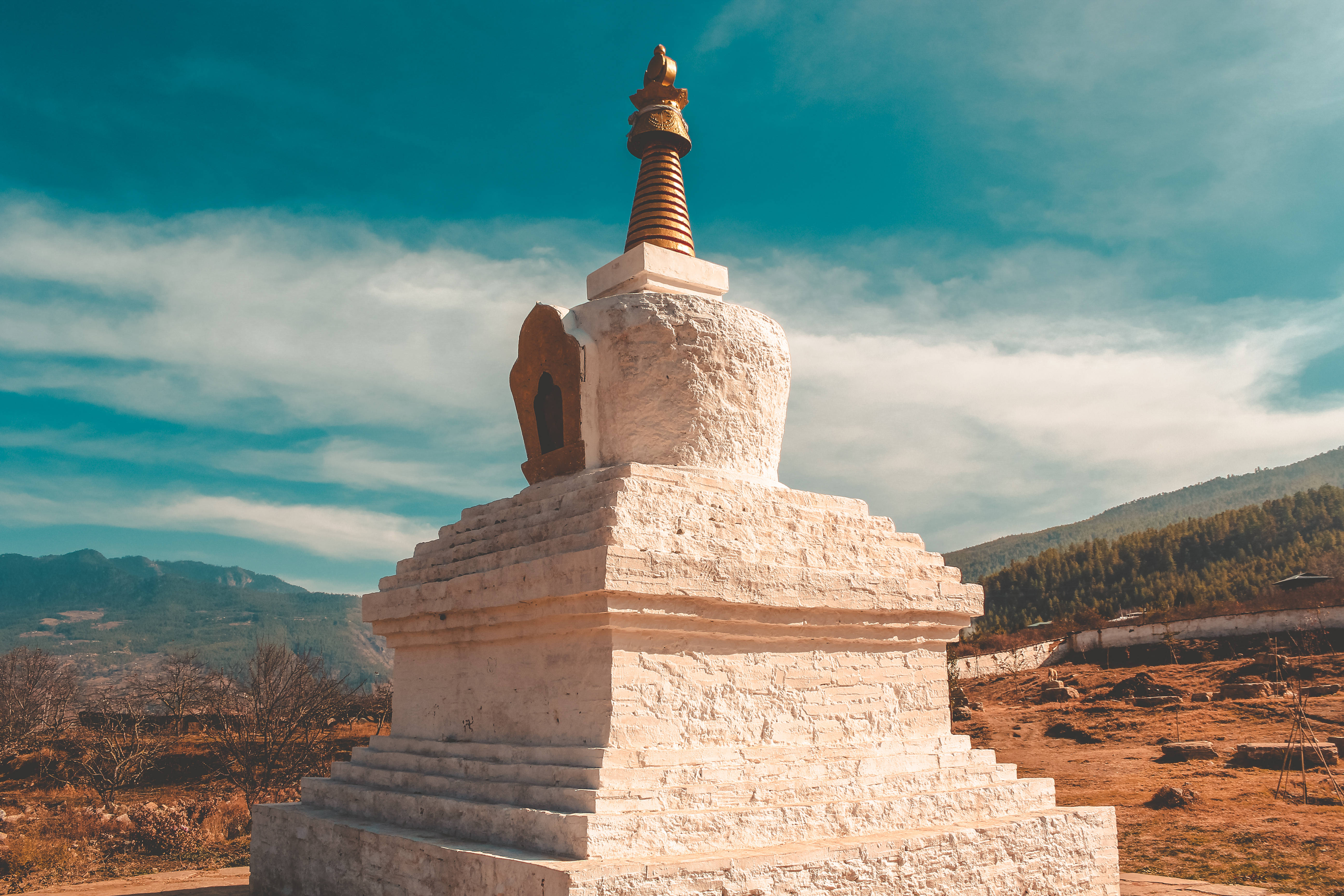 Bhutan, stupa, white stupa, 5K Desktop Wallpaper