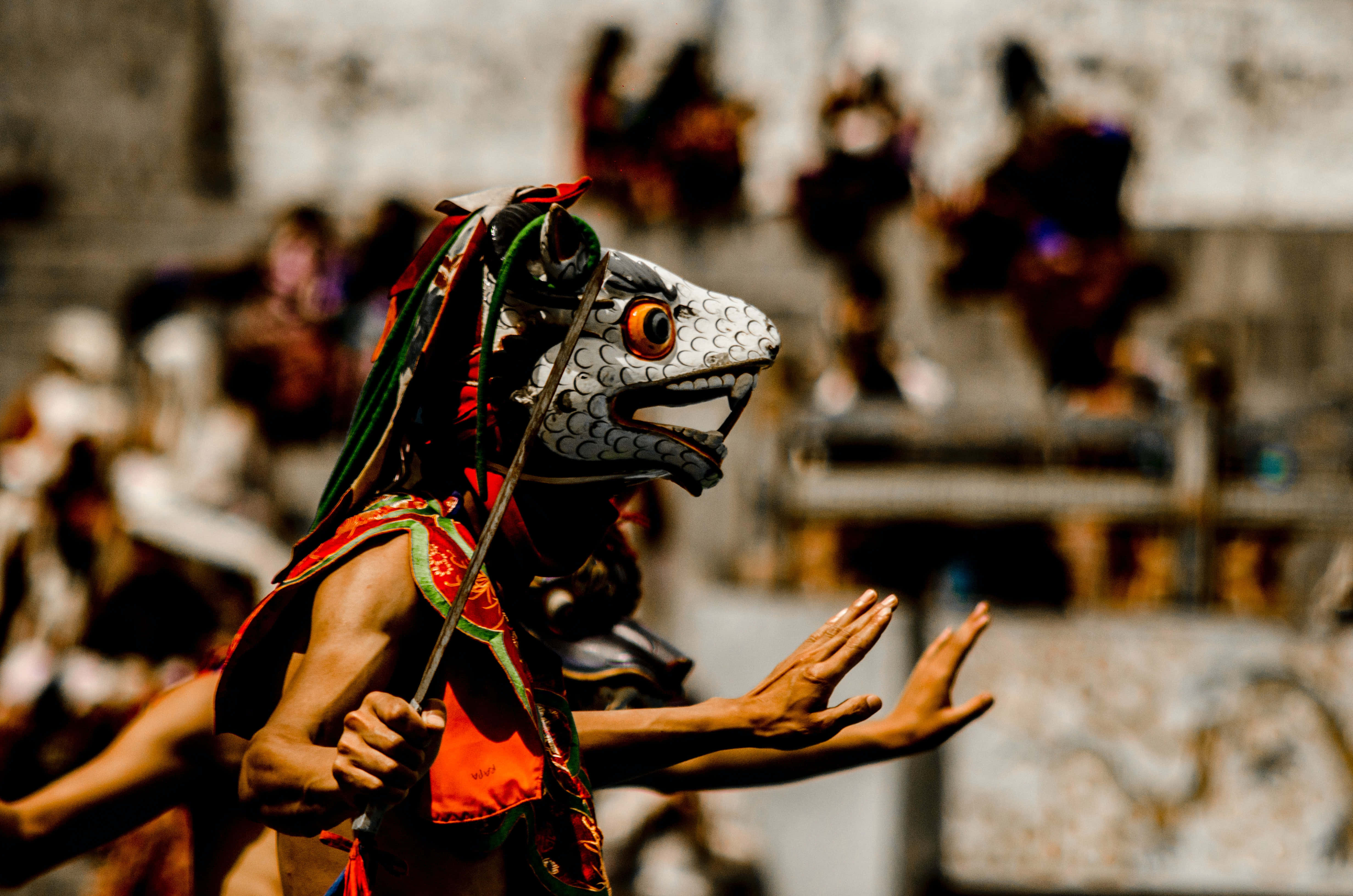 Bhutan, traditional dance, snake mask, 4K Desktop Wallpaper