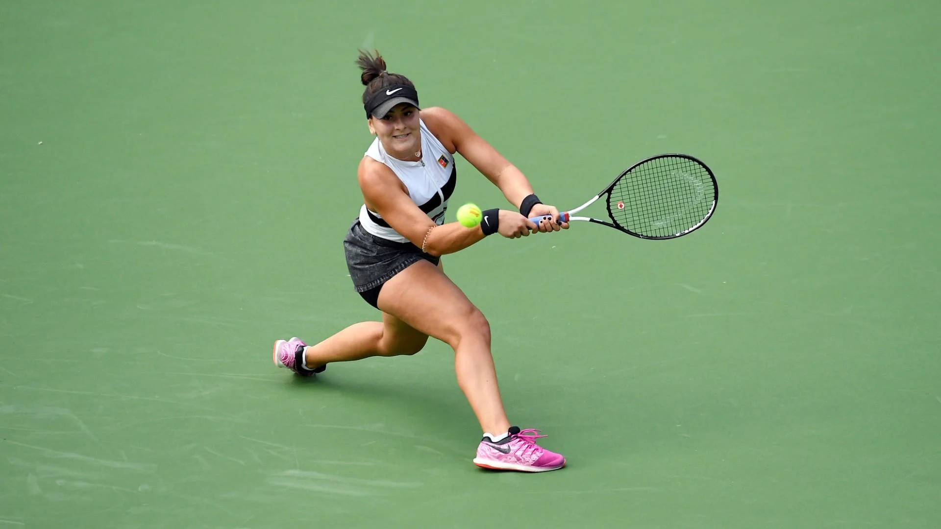 Bianca Andreescu, green court, bright yellow ball, Full HD Desktop Wallpaper
