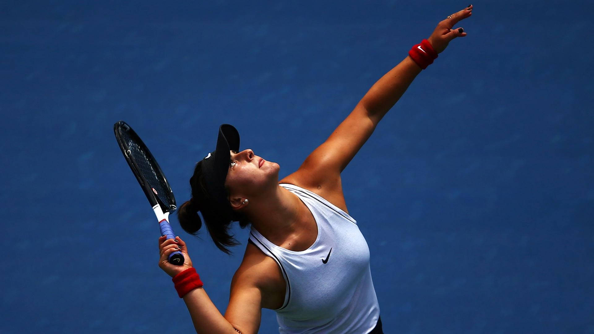 Bianca Andreescu, blue court, mid-serve, Full HD Desktop Wallpaper