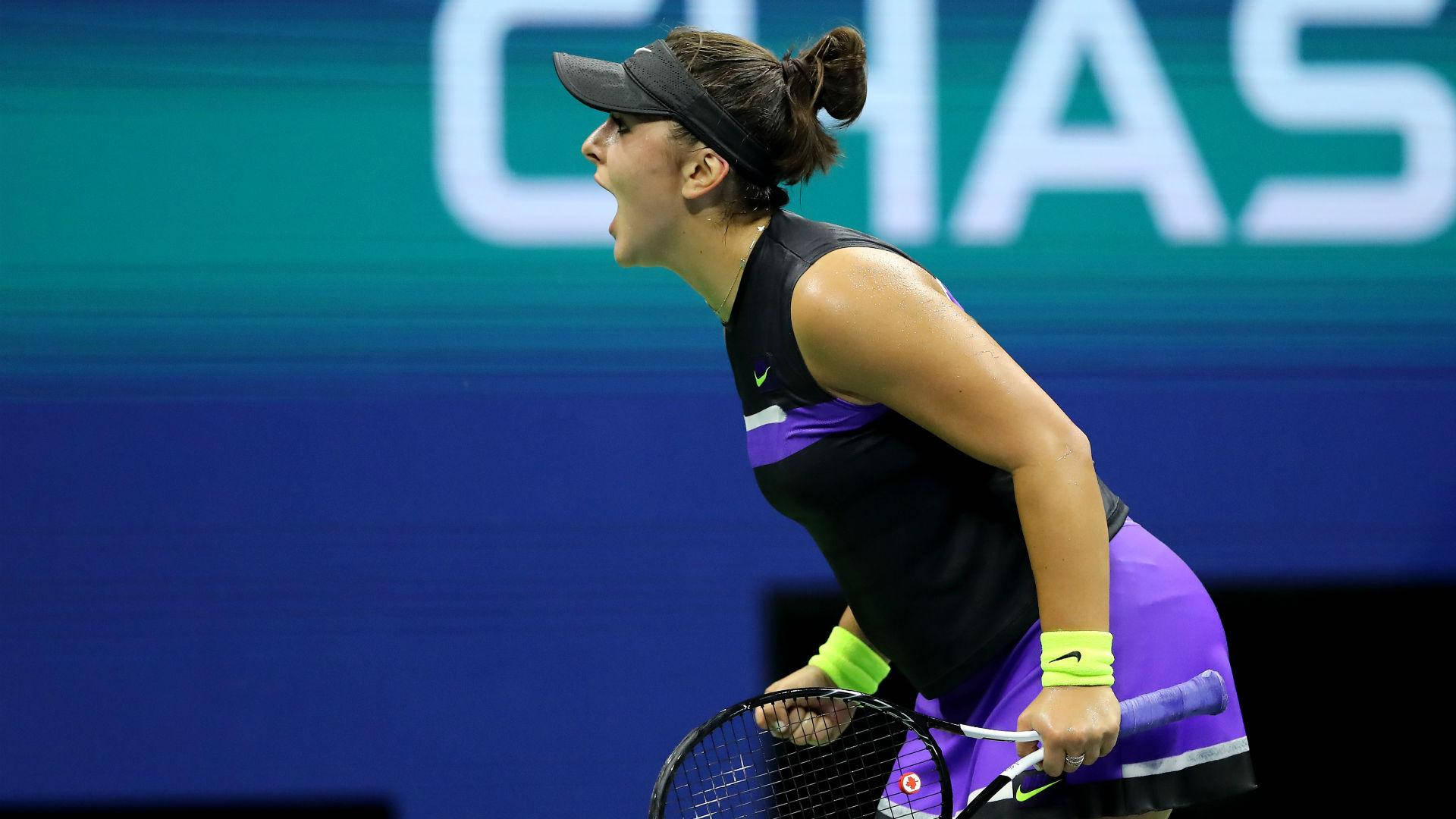 Bianca Andreescu, black and purple gear, racket, Full HD Desktop Wallpaper