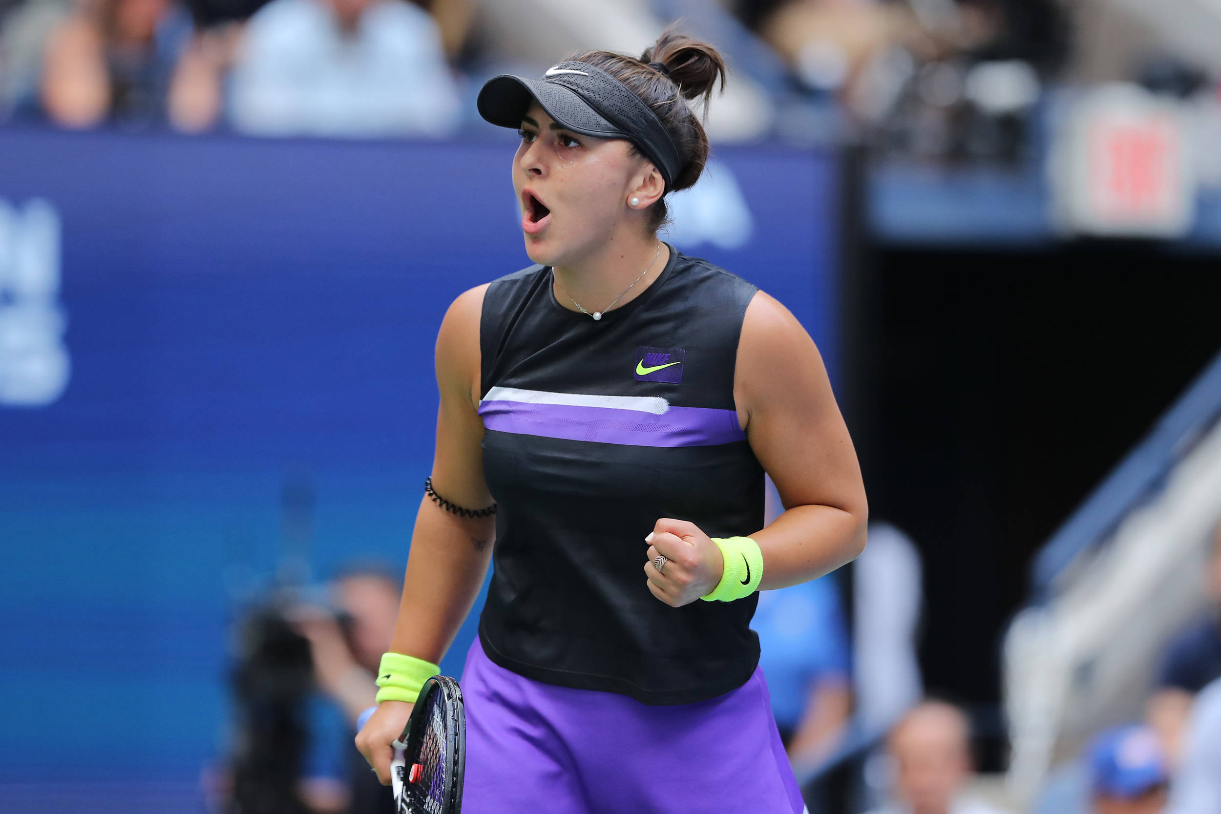 Bianca Andreescu, purple and black gear, blue court, Full HD Desktop Wallpaper
