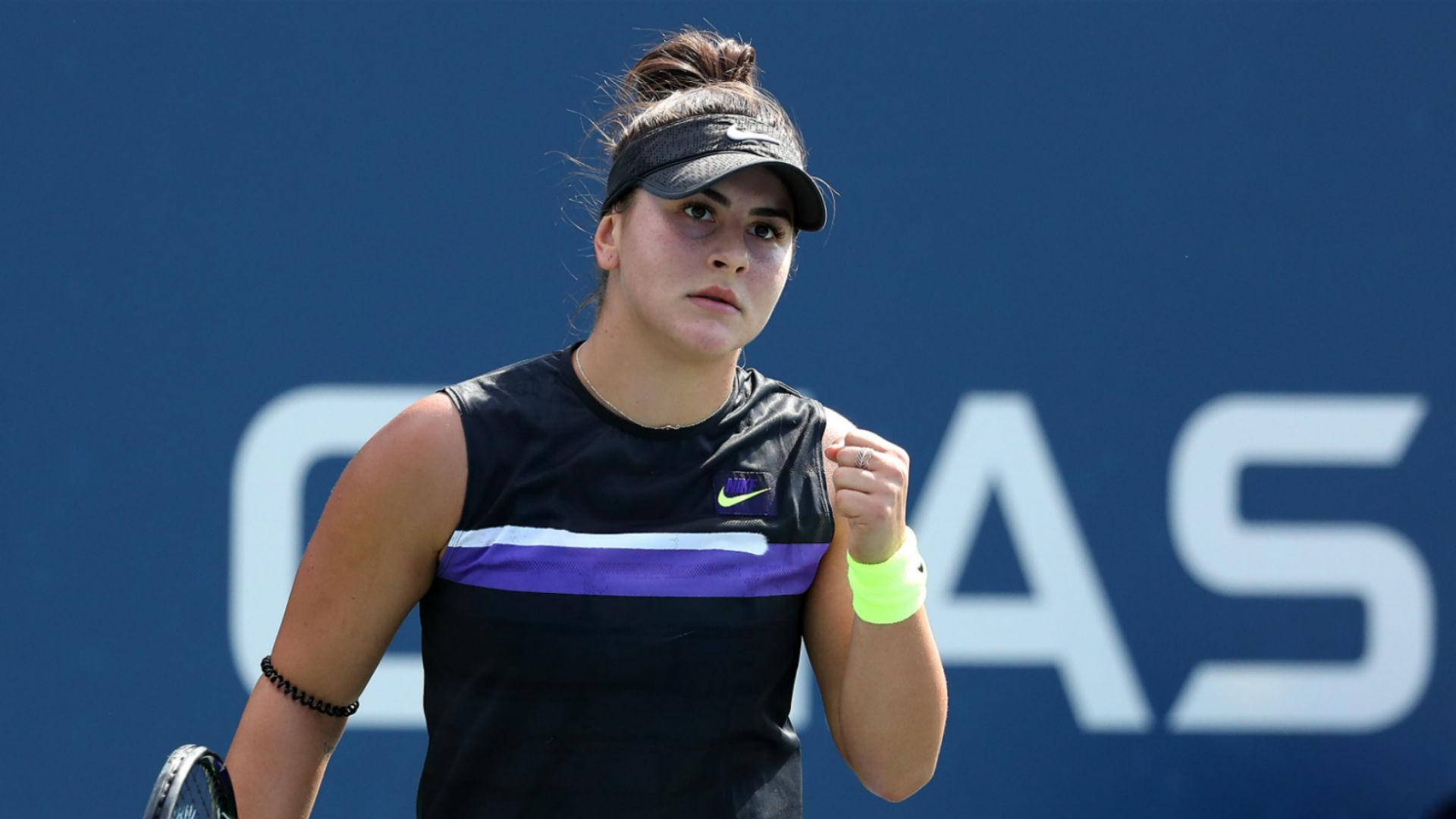 Bianca Andreescu, black and purple gear, racket, Full HD Desktop Wallpaper