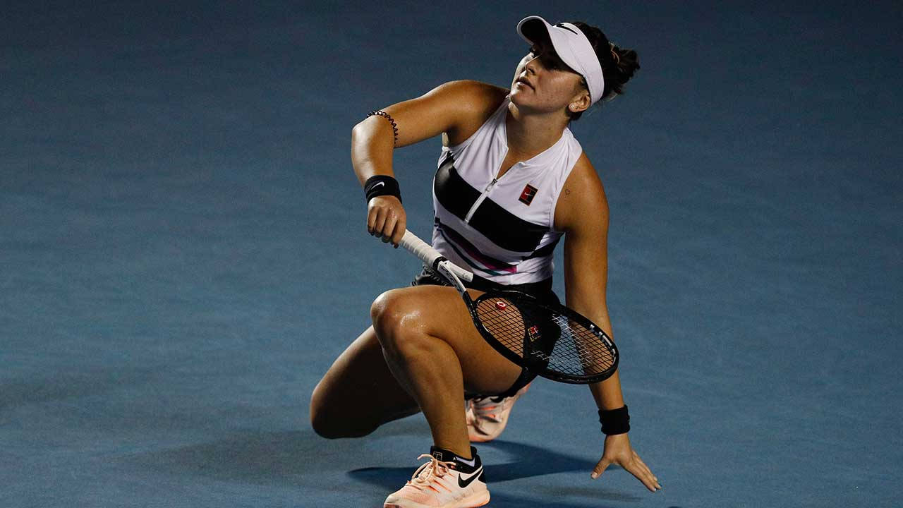 Bianca Andreescu, blue court, stadium lights, HD Desktop Wallpaper