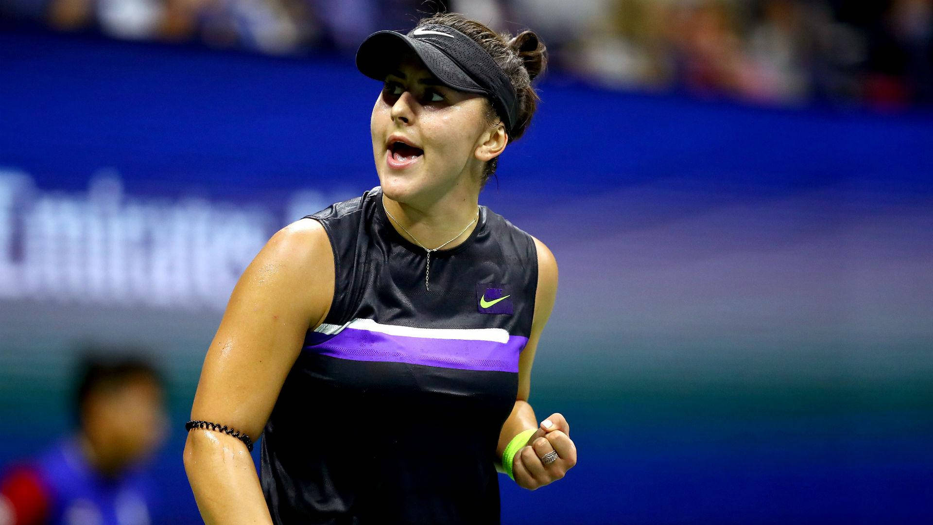 Bianca Andreescu, blue court, clenching her fist, Full HD Desktop Wallpaper