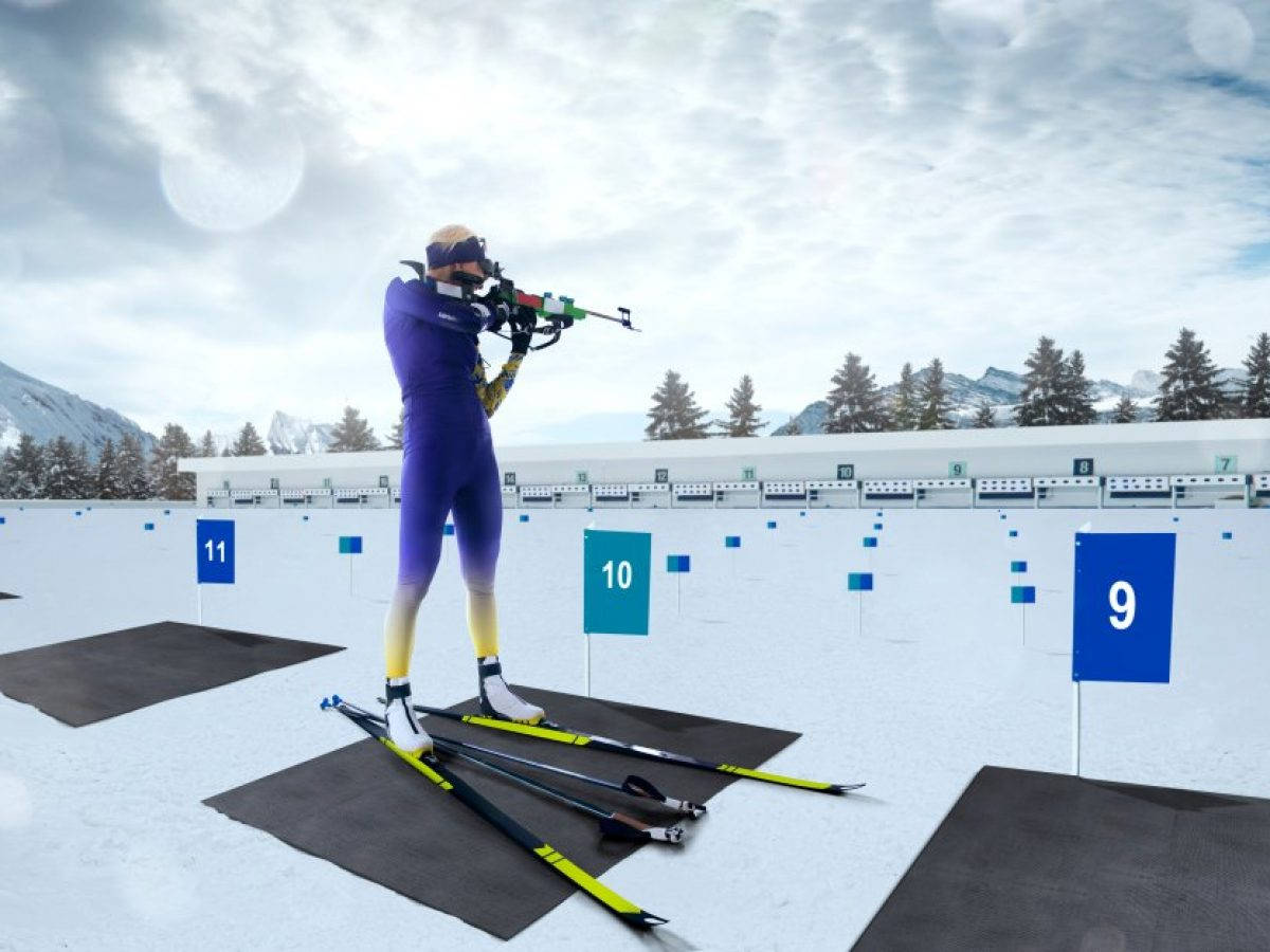 biathlete, purple gear, rifle, SD Desktop Wallpaper