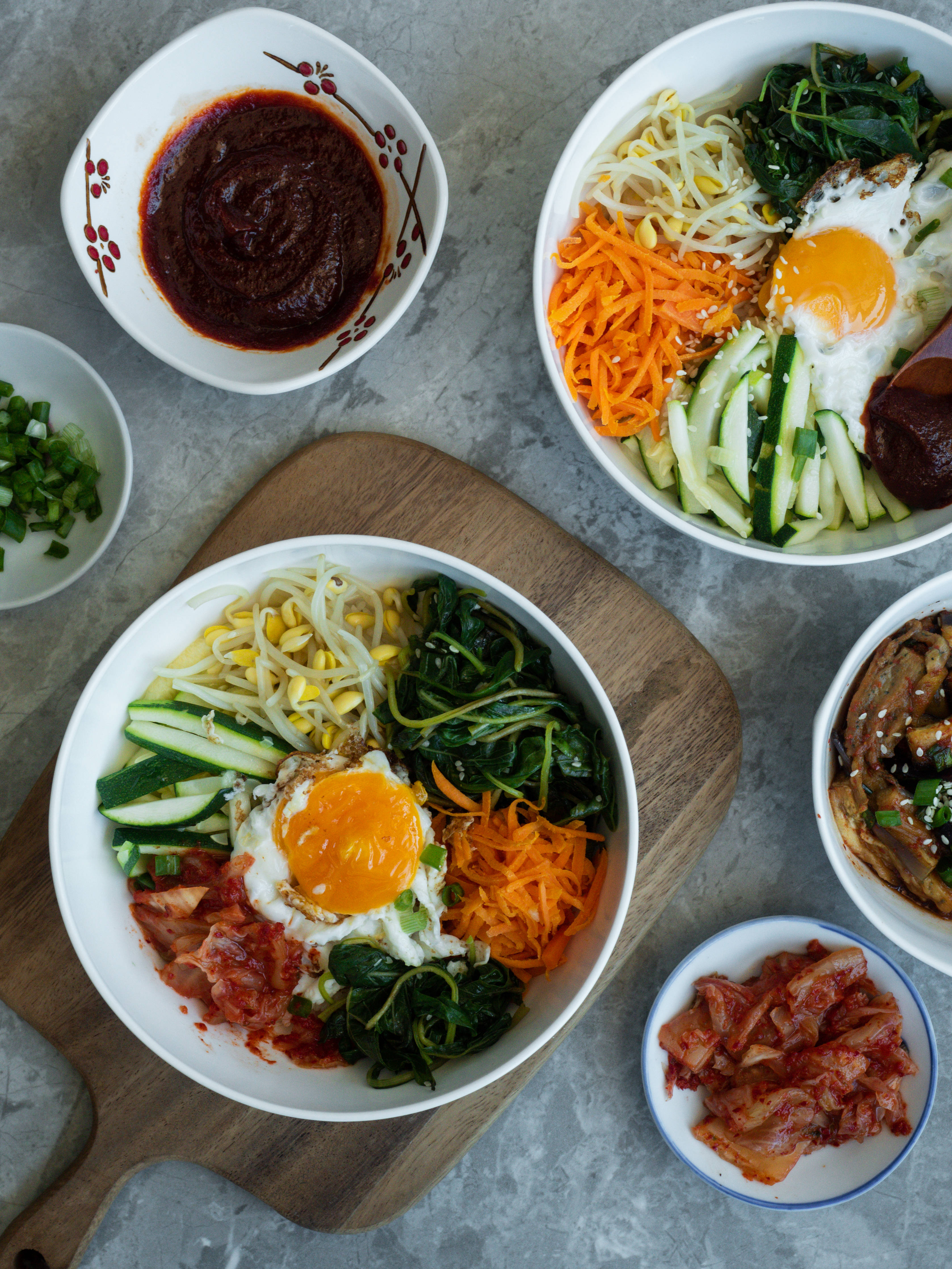 Bibimbap, sunny-side-up eggs, colorful vegetables, 4K Phone Wallpaper