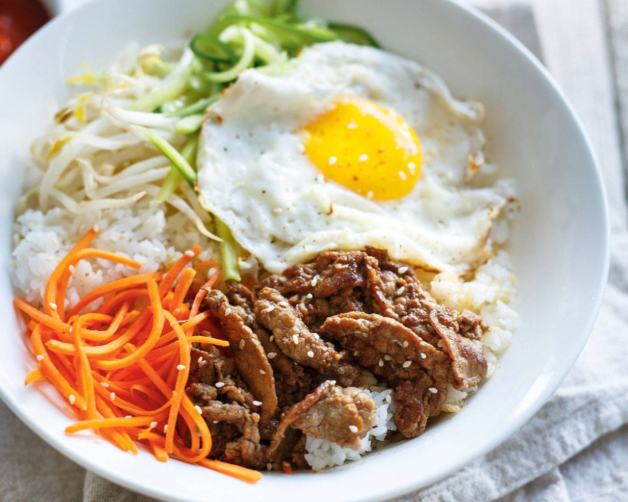 Bibimbap, julienne vegetables, sunny-side-up egg, HD Desktop Wallpaper