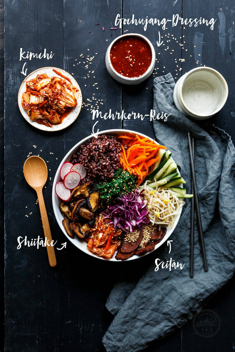 bibimbap, black rice, shiitake mushrooms, HD Phone Wallpaper