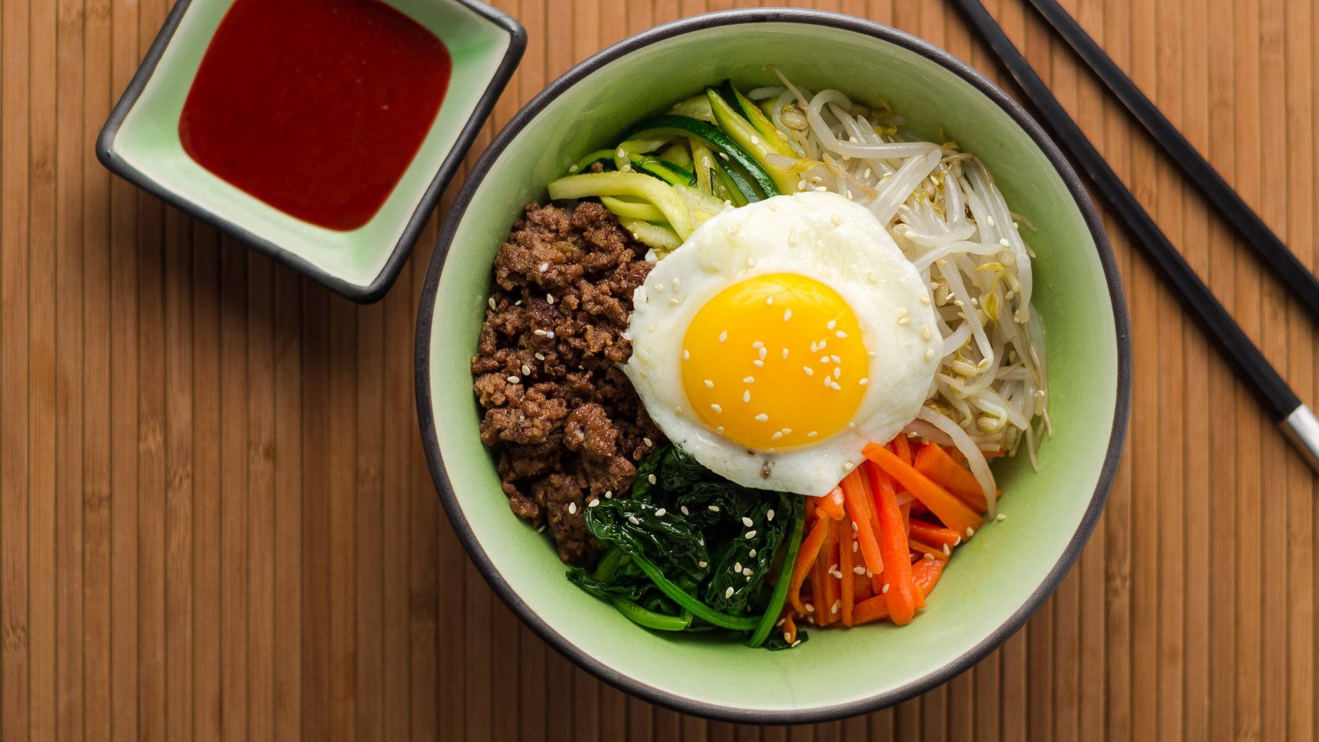 Bibimbap, bamboo surface, sunny-side-up egg, Full HD Desktop Wallpaper