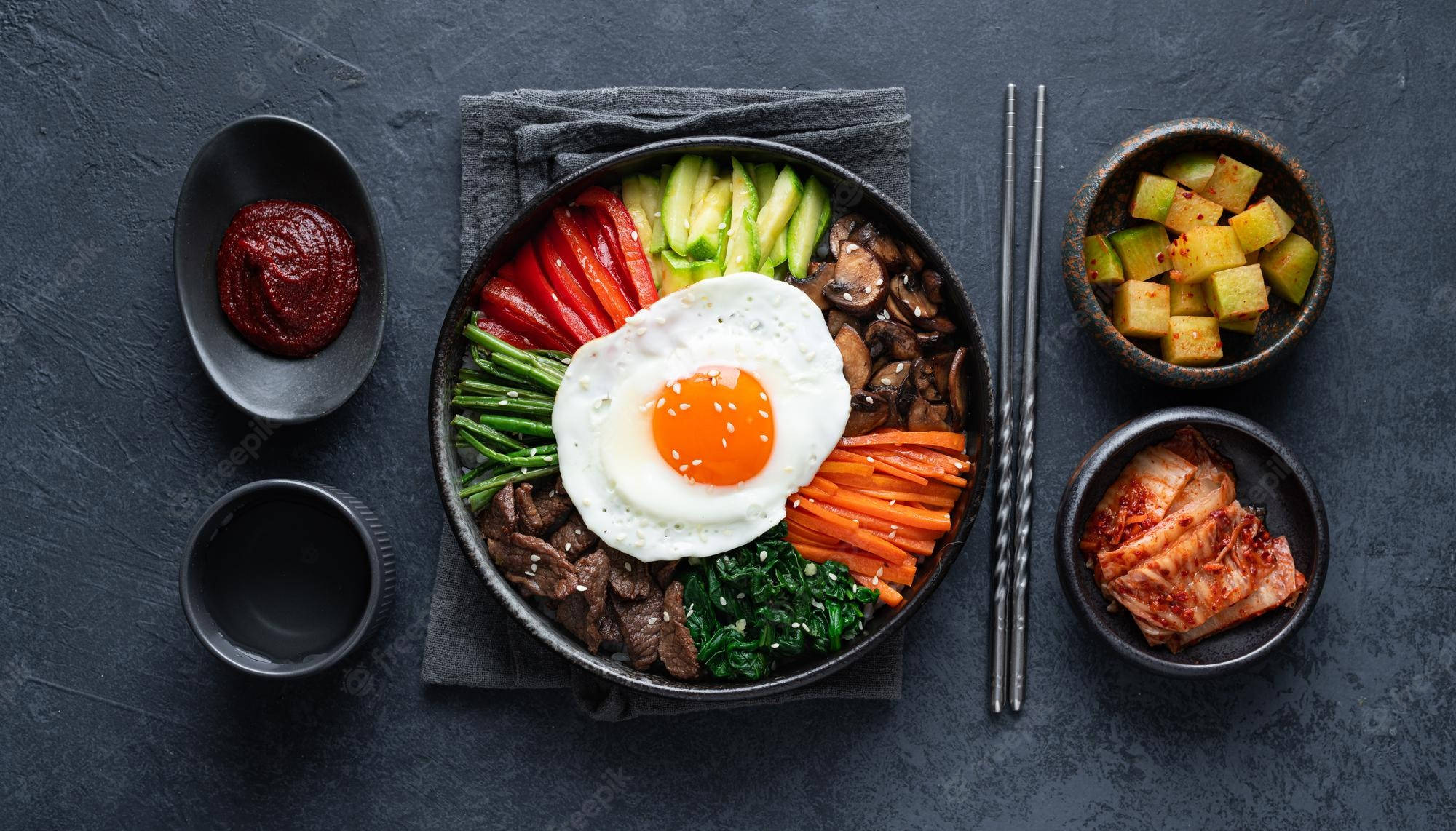 Bibimbap, sunny-side-up egg, colorful vegetables, Full HD Desktop Wallpaper