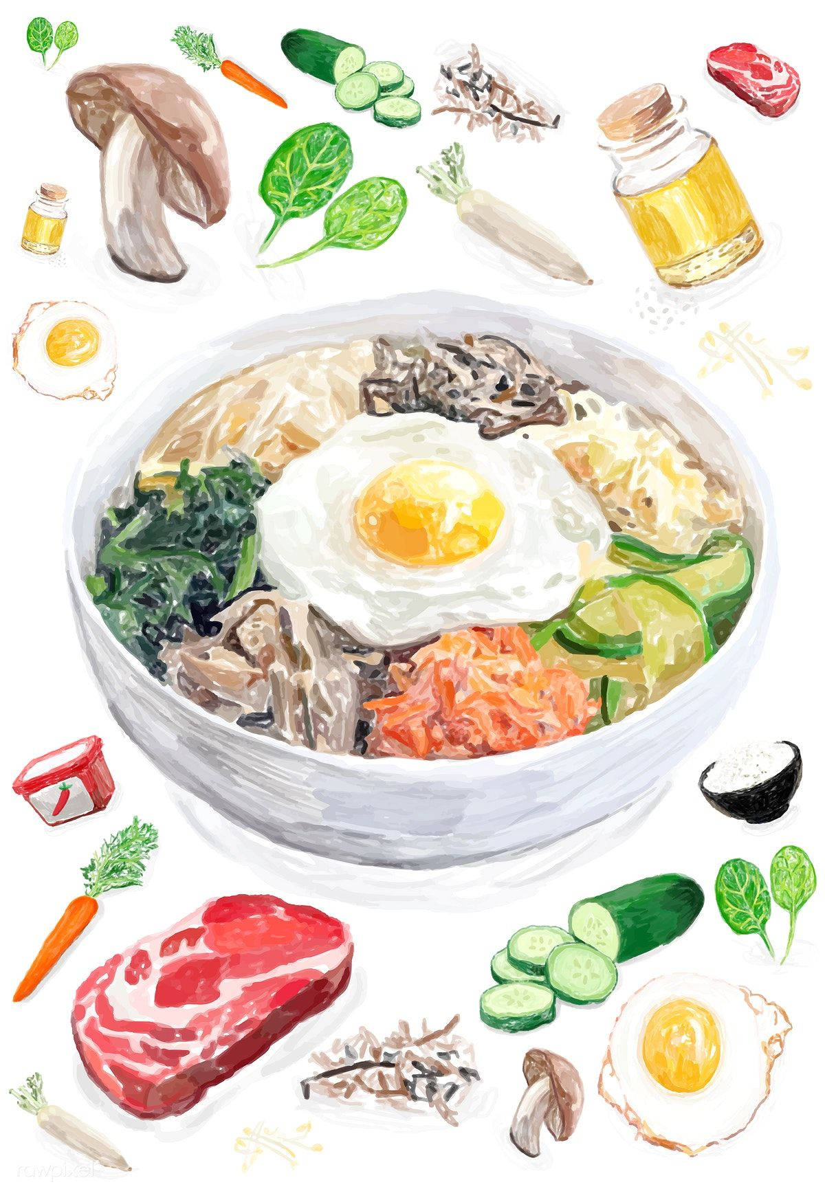 Bibimbap, watercolor illustration, steaming Korean bibimbap bowl, HD Phone Wallpaper