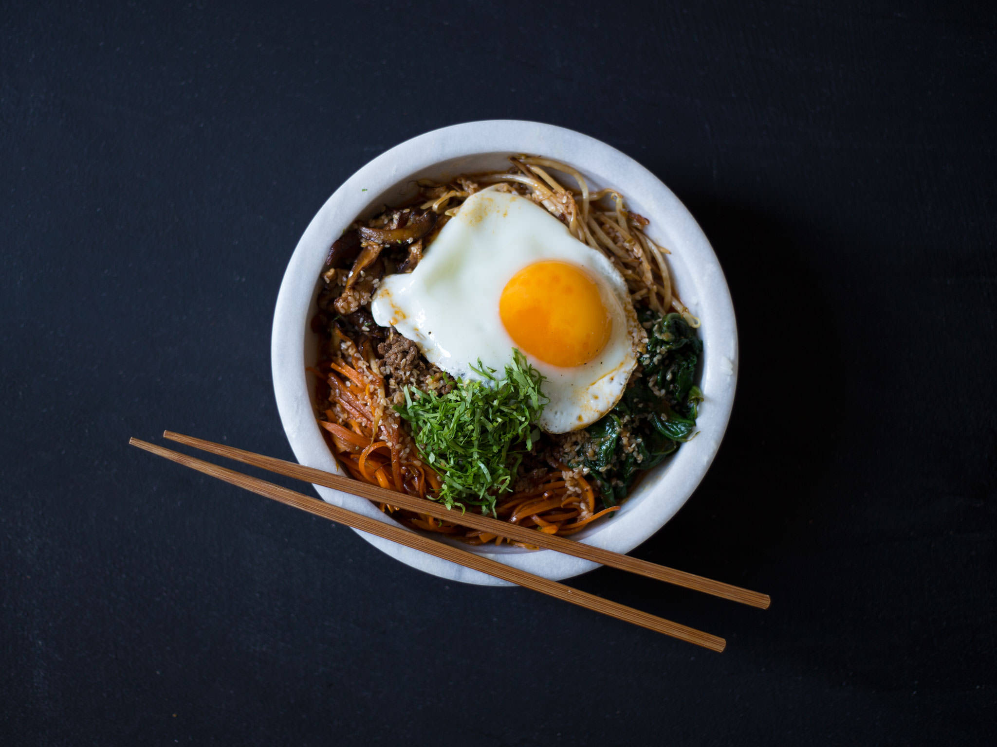 Bibimbap, sunny-side-up egg, fresh greens, Full HD Desktop Wallpaper