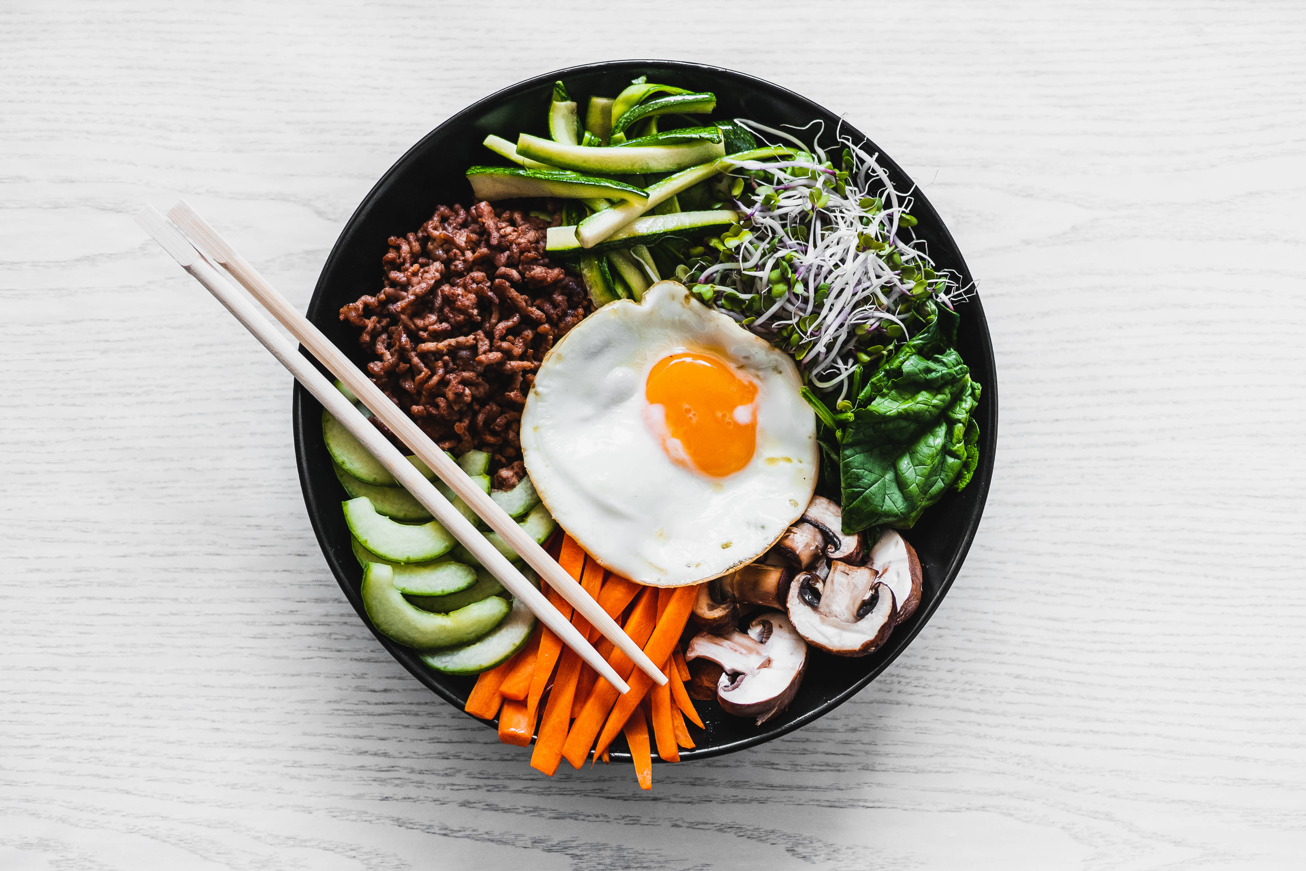 Western Style Bibimbap, sunny-side-up egg, colorful vegetables, 4K Desktop Wallpaper