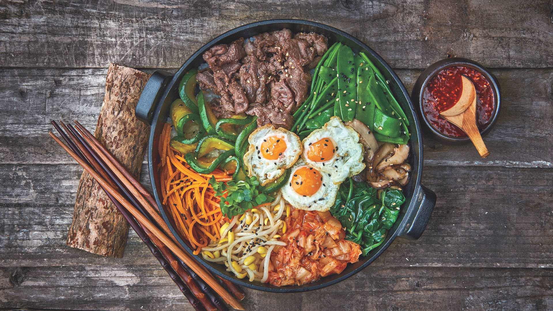 bibimbap, beef, eggs, Full HD Desktop Wallpaper
