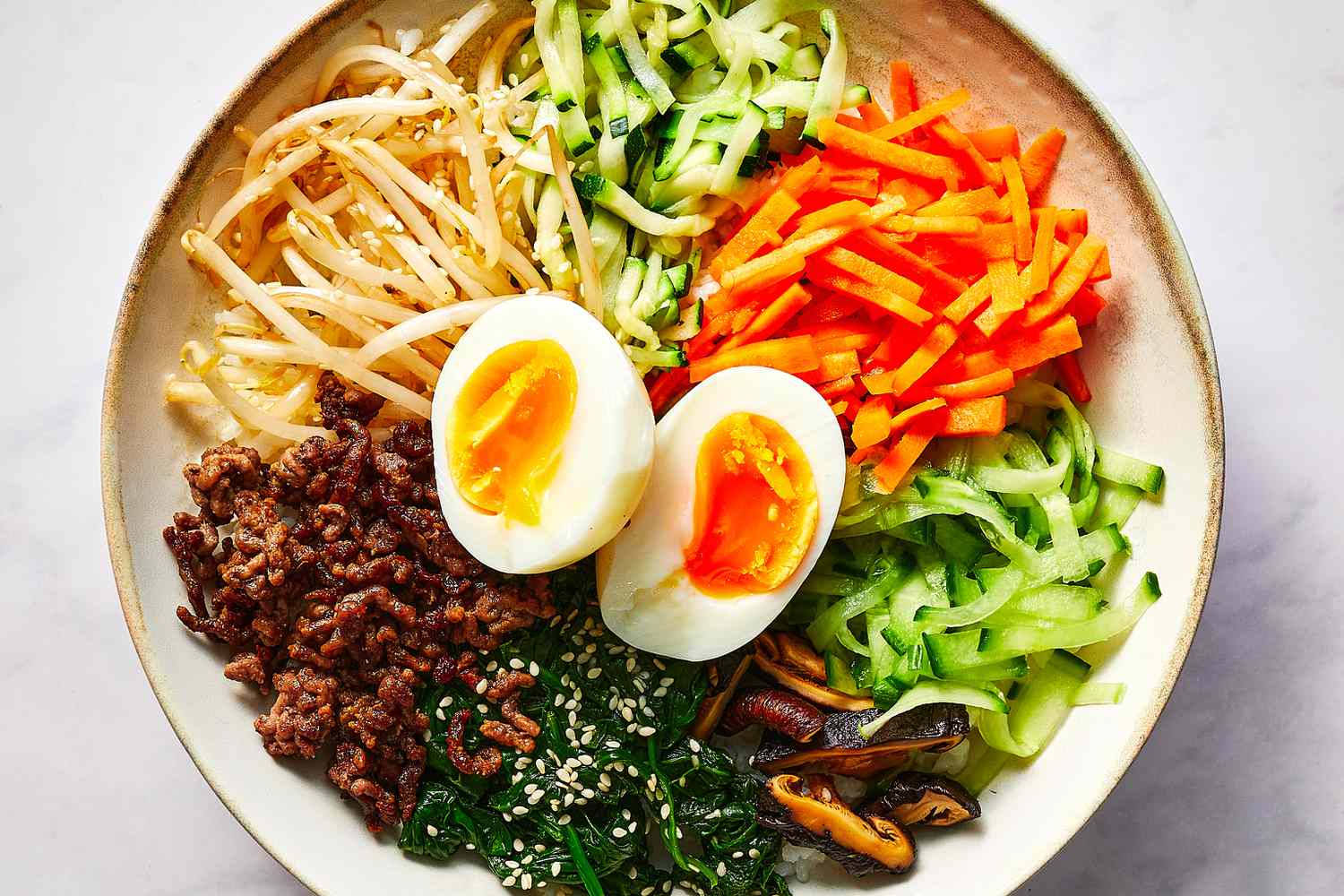 bibimbap, sliced carrots, cucumbers, HD Desktop Wallpaper