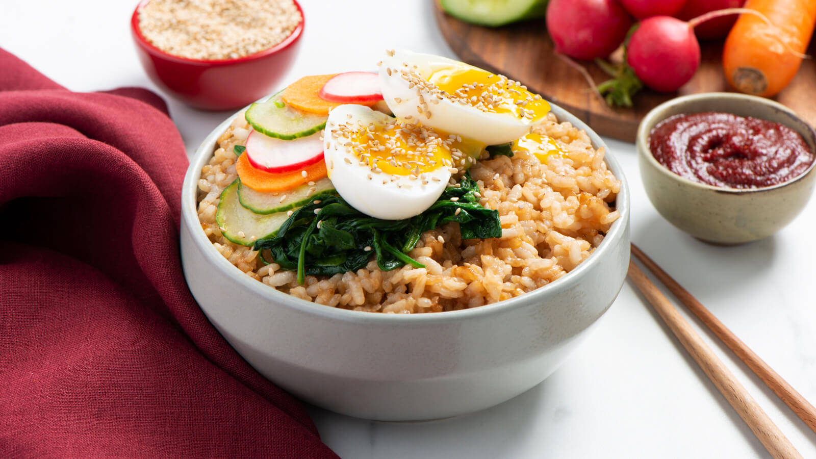Bibimbap, rice, sliced boiled egg, HD Desktop Wallpaper