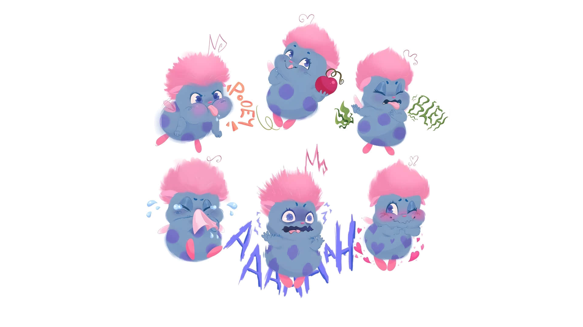 Bibble Emotions Collection, blue spotted cartoon creature, pink hair, Full HD Desktop Wallpaper