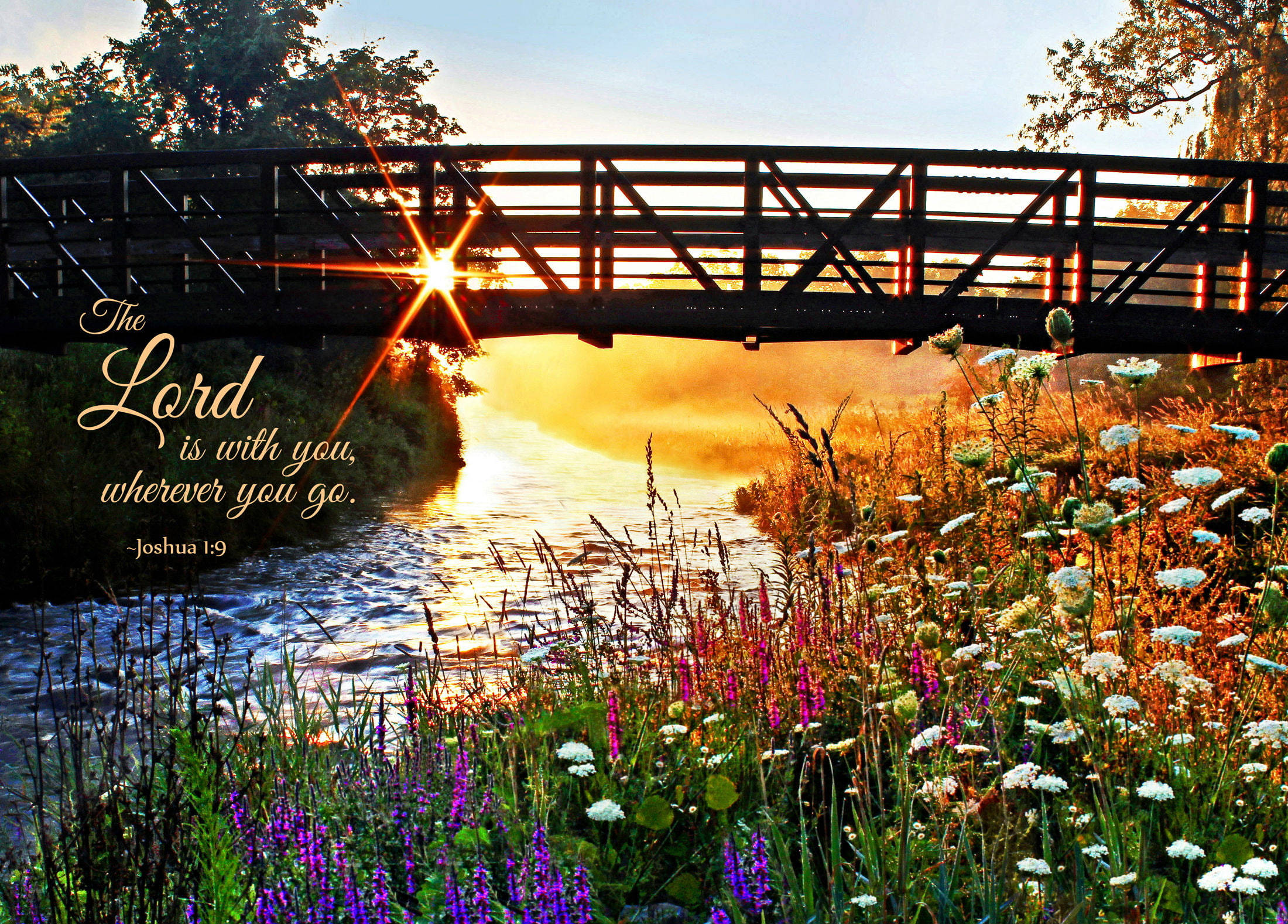 wooden bridge, sunlit river, sunset, Full HD Desktop Wallpaper