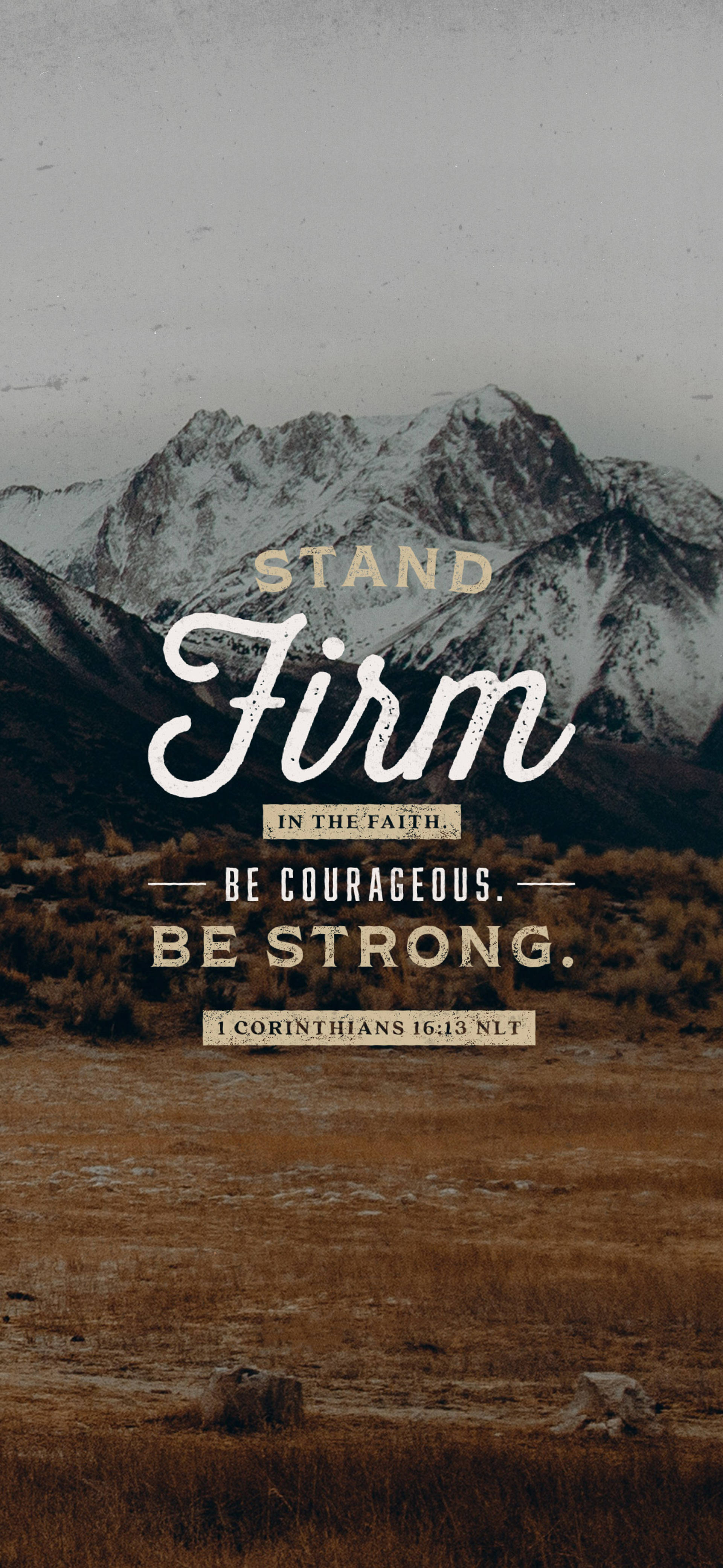 Stand Firm Bible Quote, snow-capped mountains, bold motivational text, 4K Phone Wallpaper