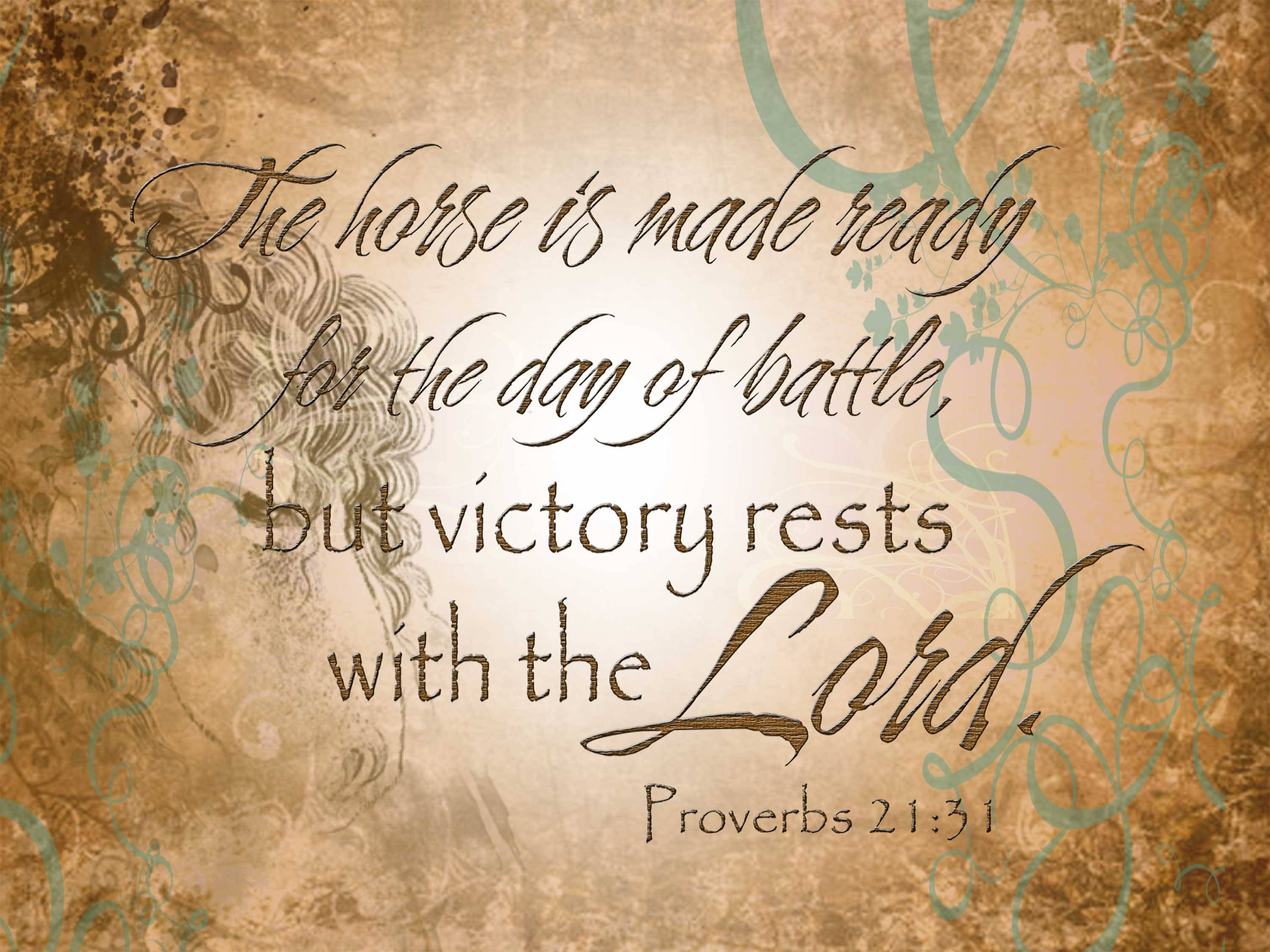 Proverbs 21:31, textured parchment background, teal swirls, 2K Desktop Wallpaper