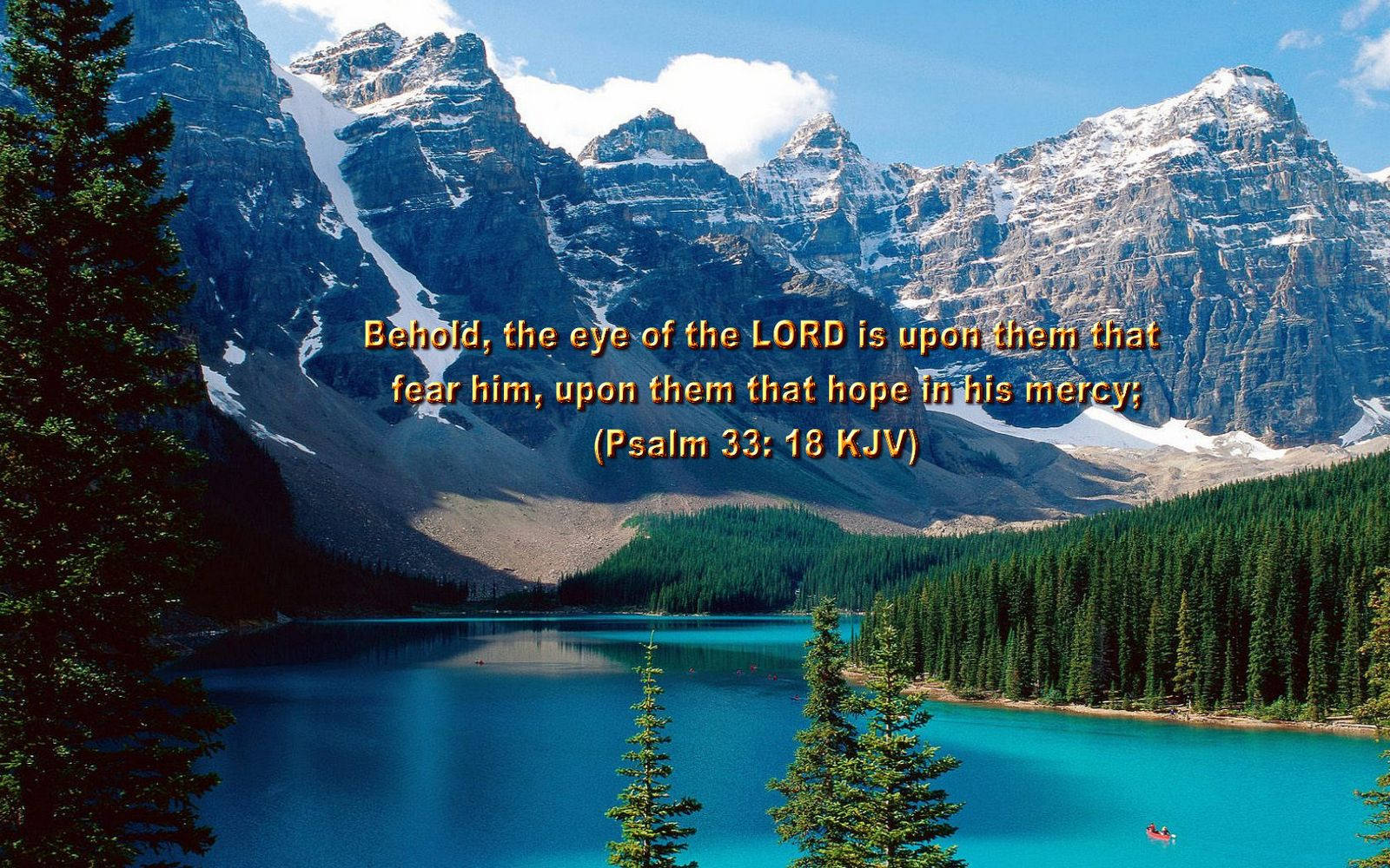 Psalm 33:18, turquoise lake, snow-capped mountains, HD Desktop Wallpaper