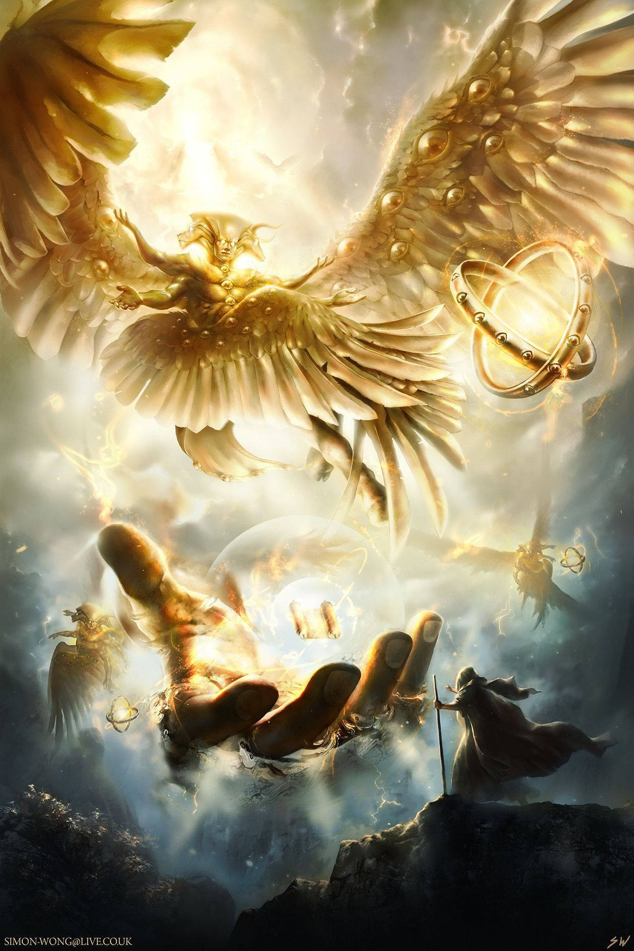 golden-winged angel, radiant sky, glowing ring, Full HD Phone Wallpaper
