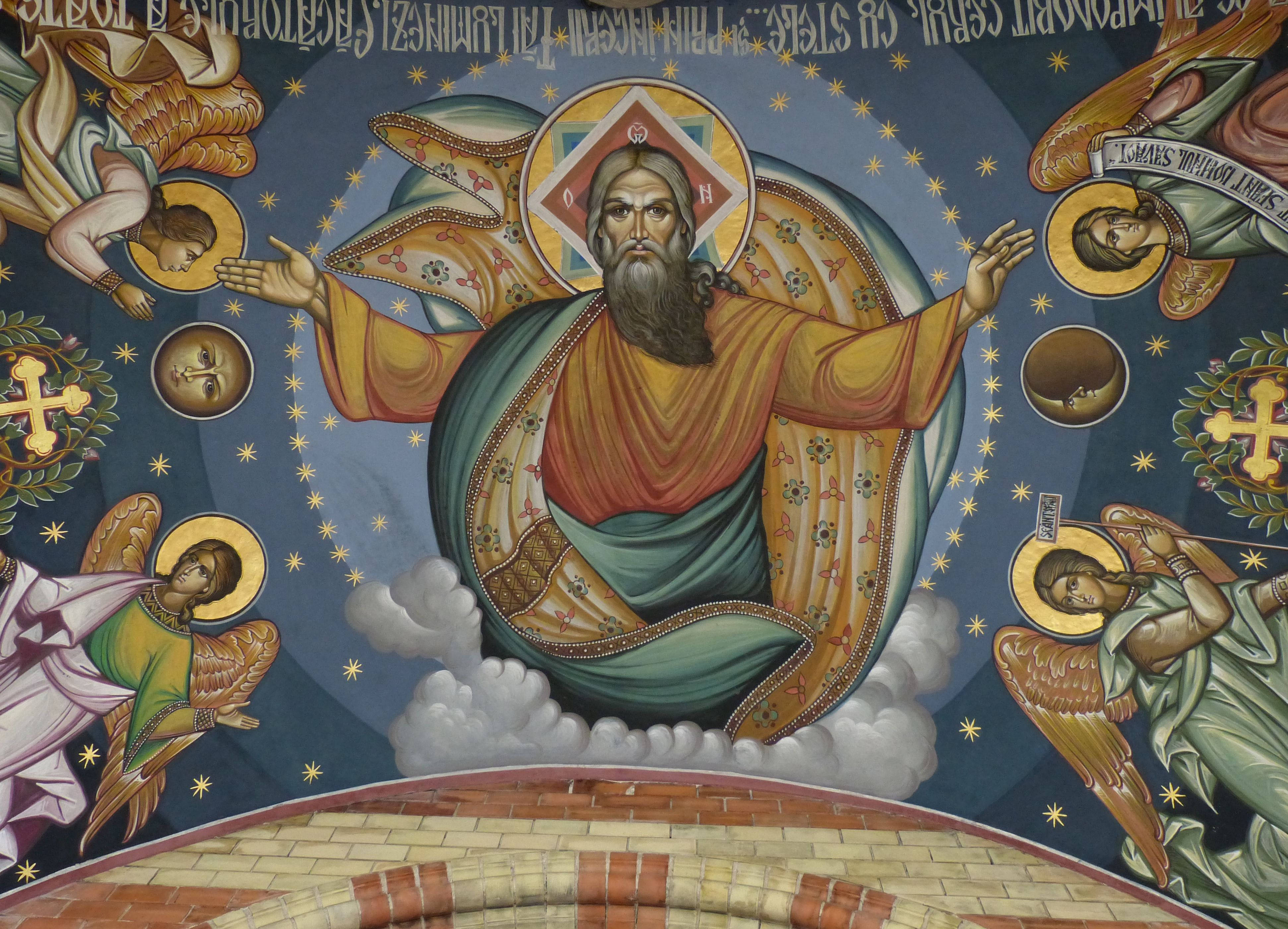 Biblical Angels, mural painting, bearded central figure, 4K Desktop Wallpaper