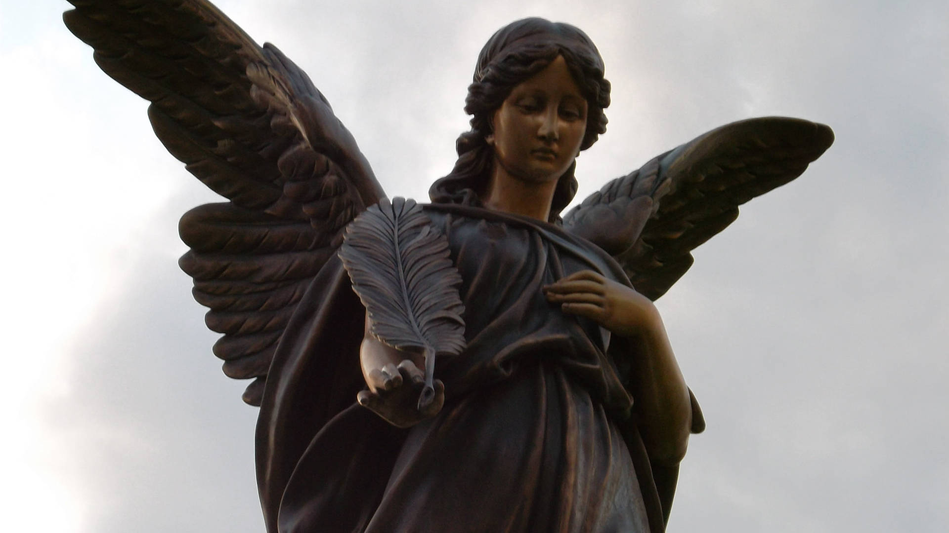 bronze angel statue, outstretched wings, feather, Full HD Desktop Wallpaper