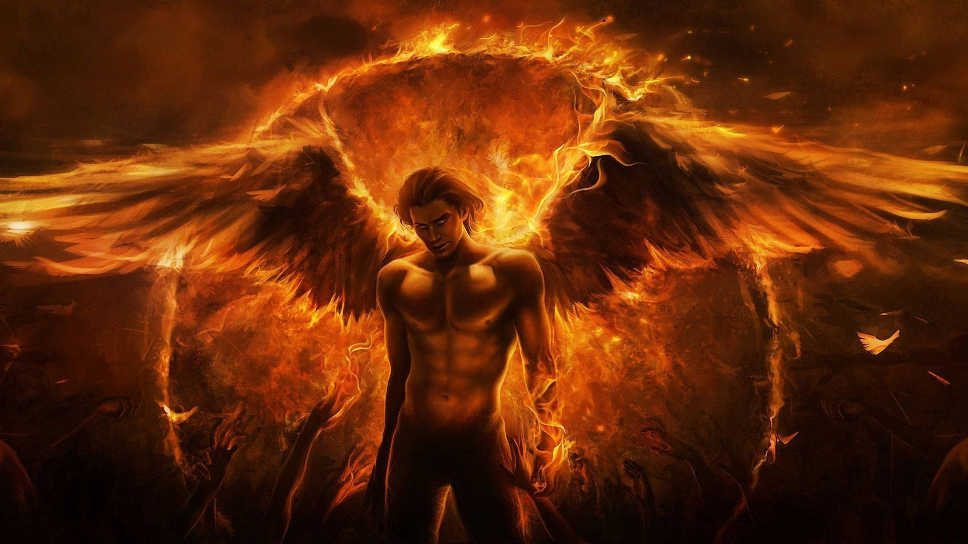 biblical fire angel, fiery wings, flames, Full HD Desktop Wallpaper
