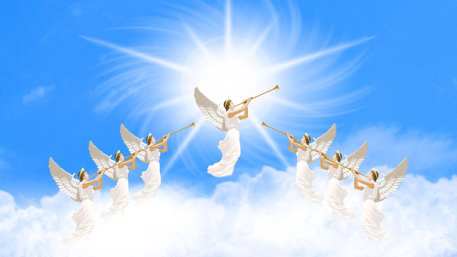 Biblical Angels, trumpets, white-winged angels, Full HD Desktop Wallpaper