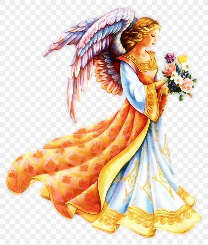 heavenly angels, multicolored wings, golden and blue robe, SD Phone Wallpaper