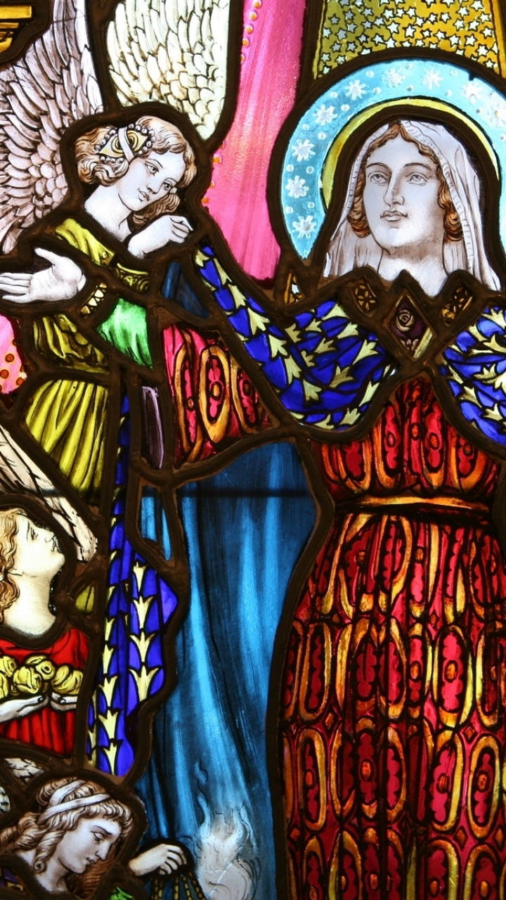 stained glass window, angel in green and yellow robes, blue and gold patterned cloak, HD Phone Wallpaper