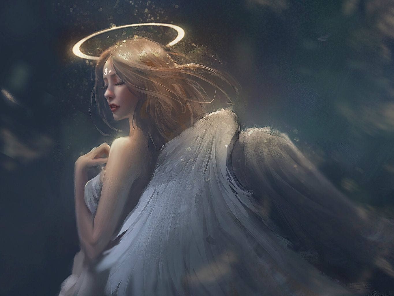glowing halo, flowing hair, dark water, HD Desktop Wallpaper