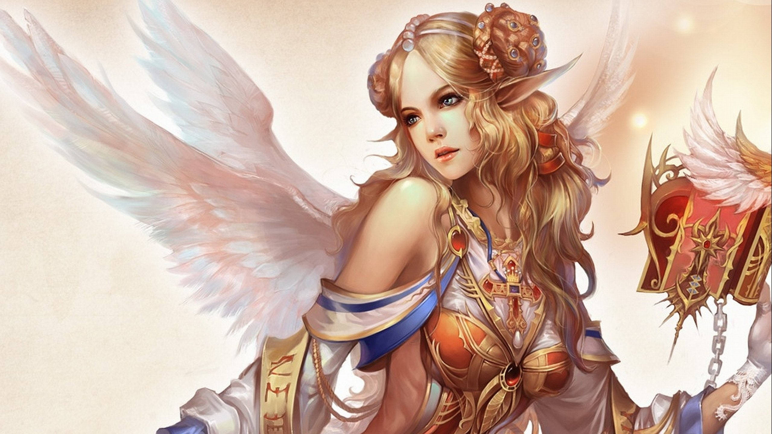 angelic woman, golden hair, large white wings, 2K Desktop Wallpaper