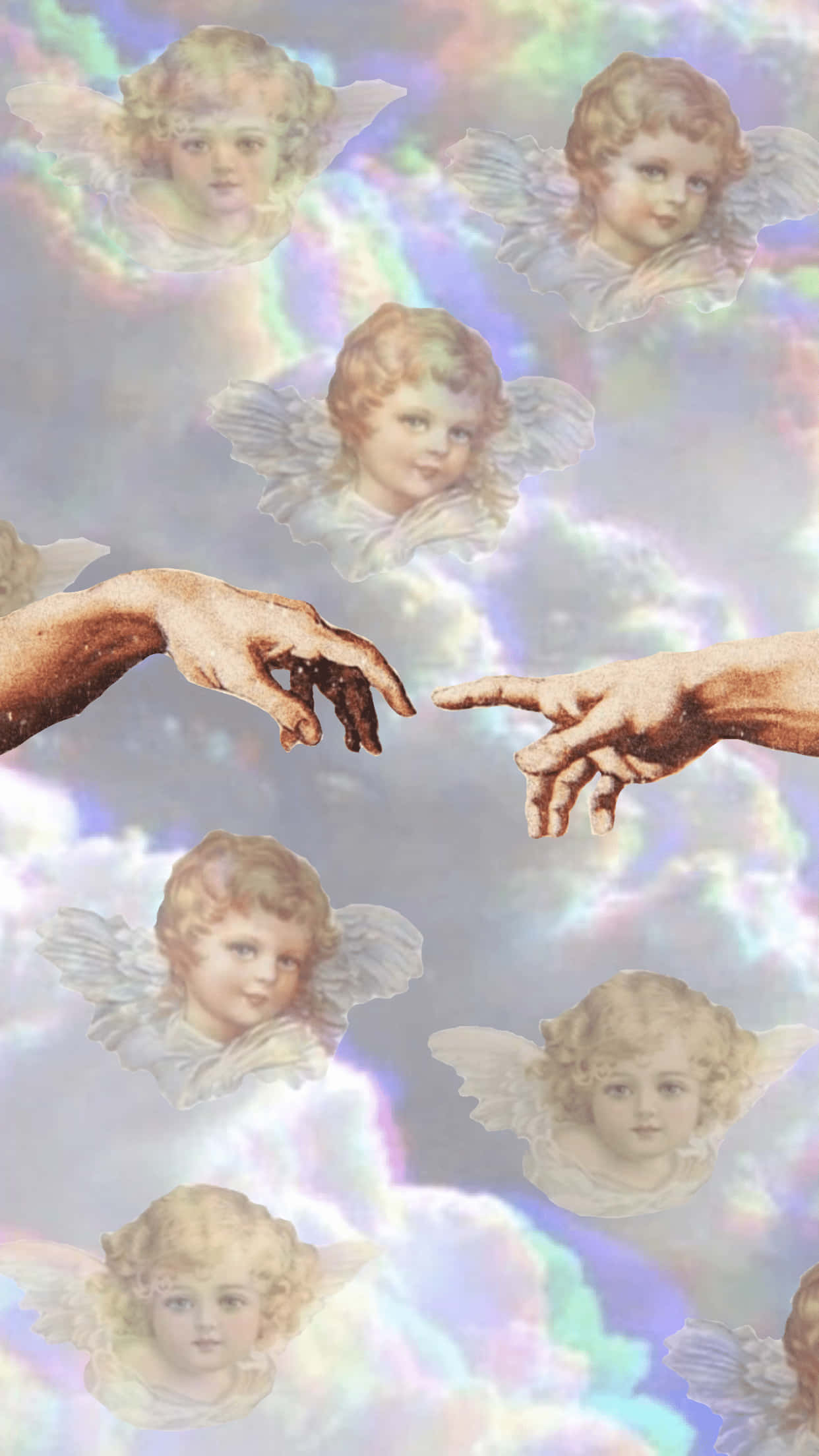 vintage angel, iridescent clouds, hands reach toward each other, Full HD Phone Wallpaper