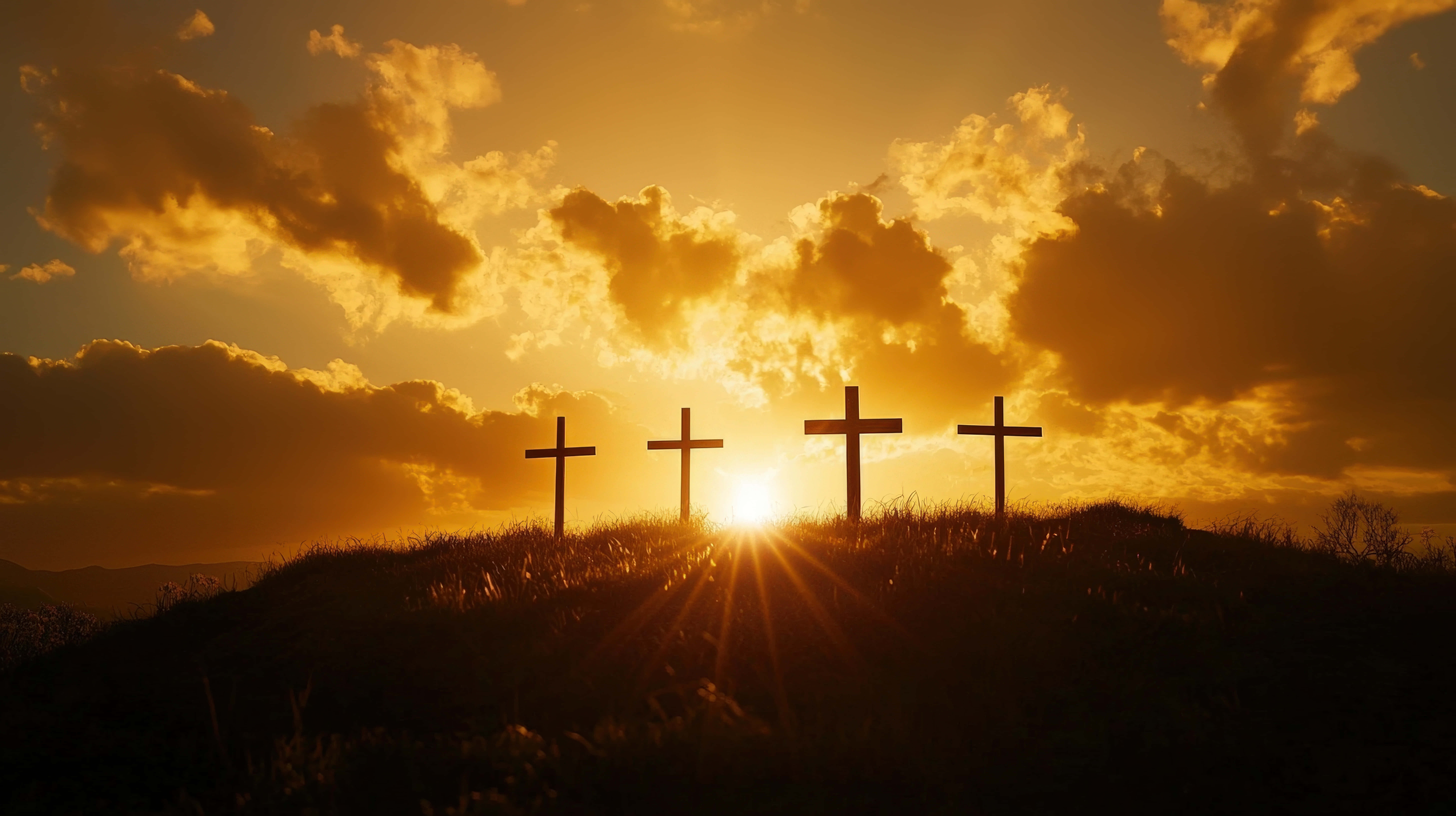 four crosses, wooden crosses, grassy hill, 8K Desktop Wallpaper