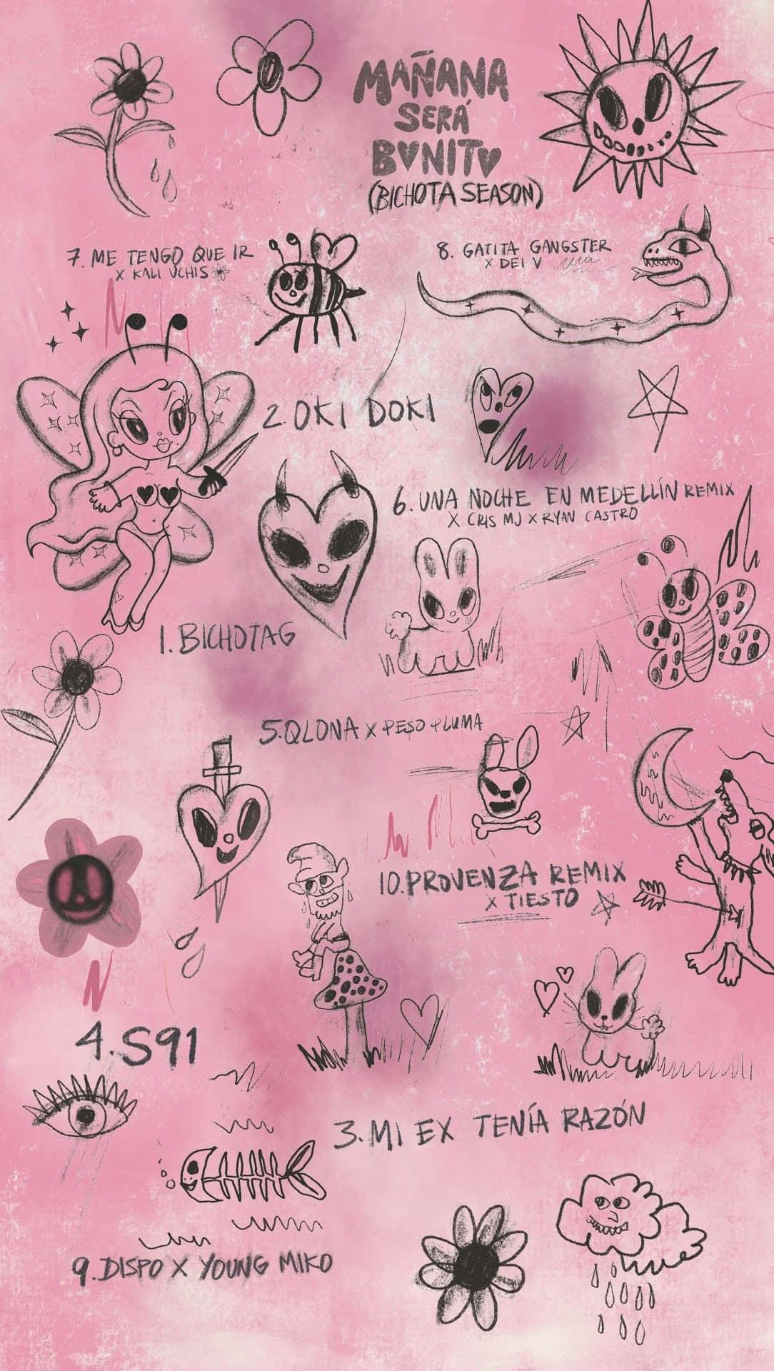 Bichota Season, pink textured background, whimsical hand-drawn doodles, Full HD Phone Wallpaper