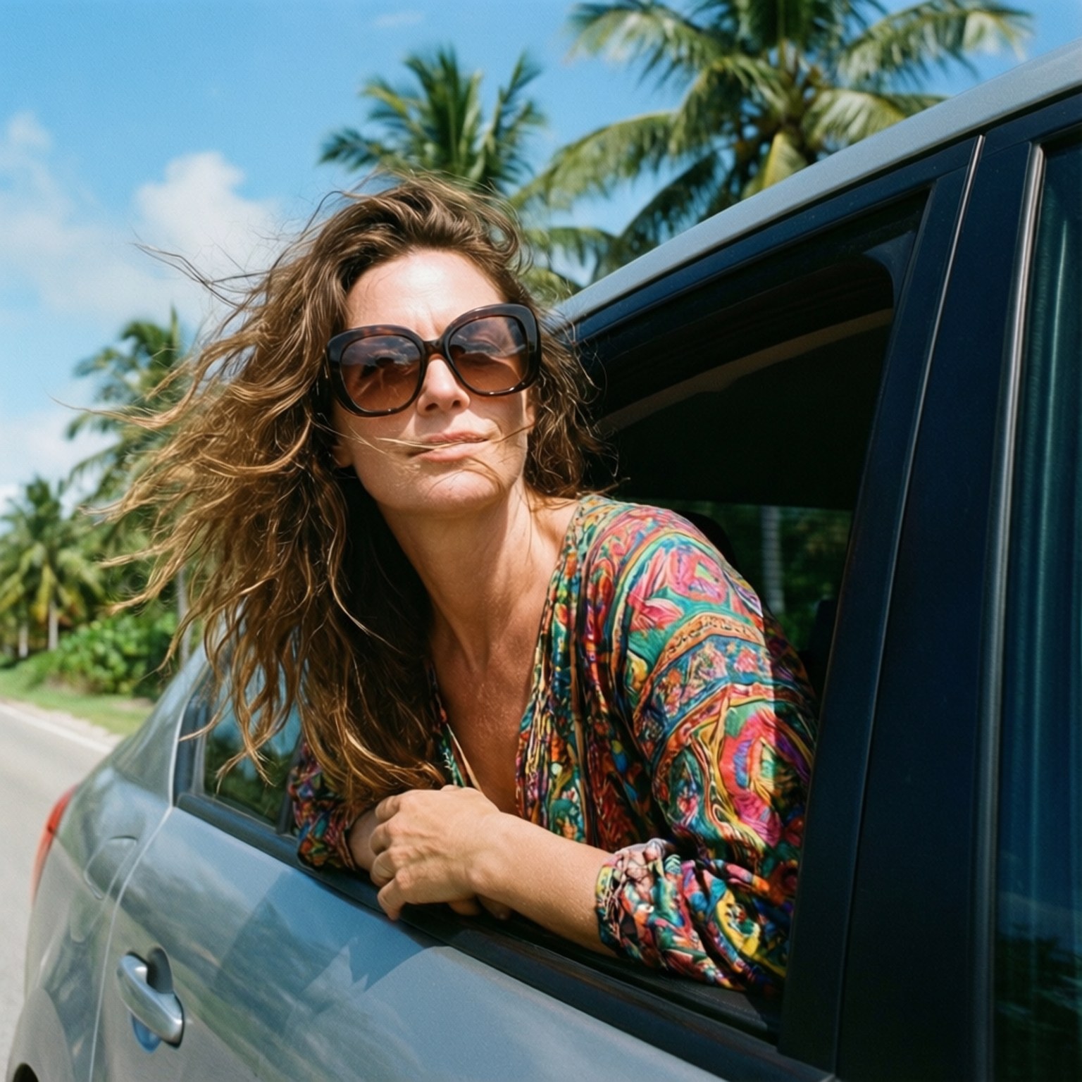 Bichota, car ride, tropical setting, HD Desktop Wallpaper