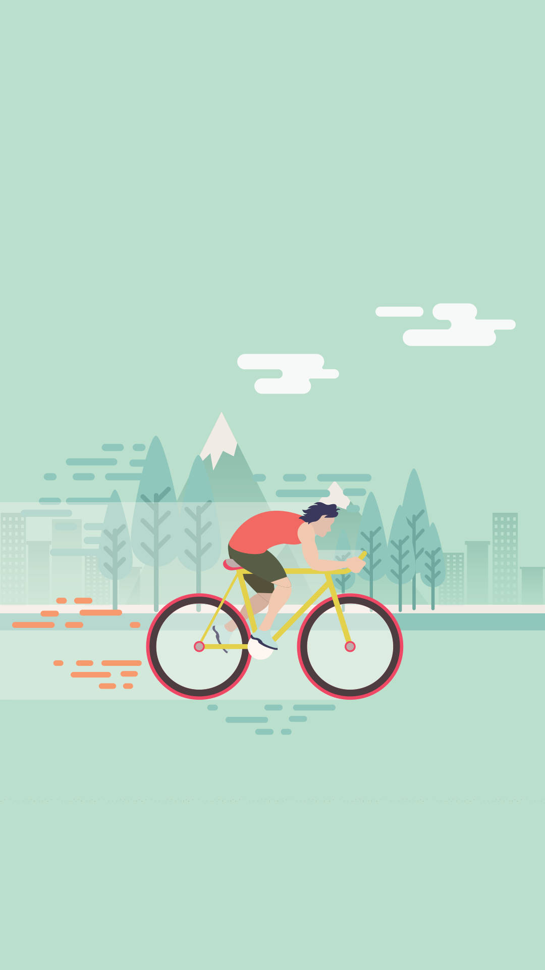 bicycle, yellow bike, stylized cityscape, Full HD Phone Wallpaper