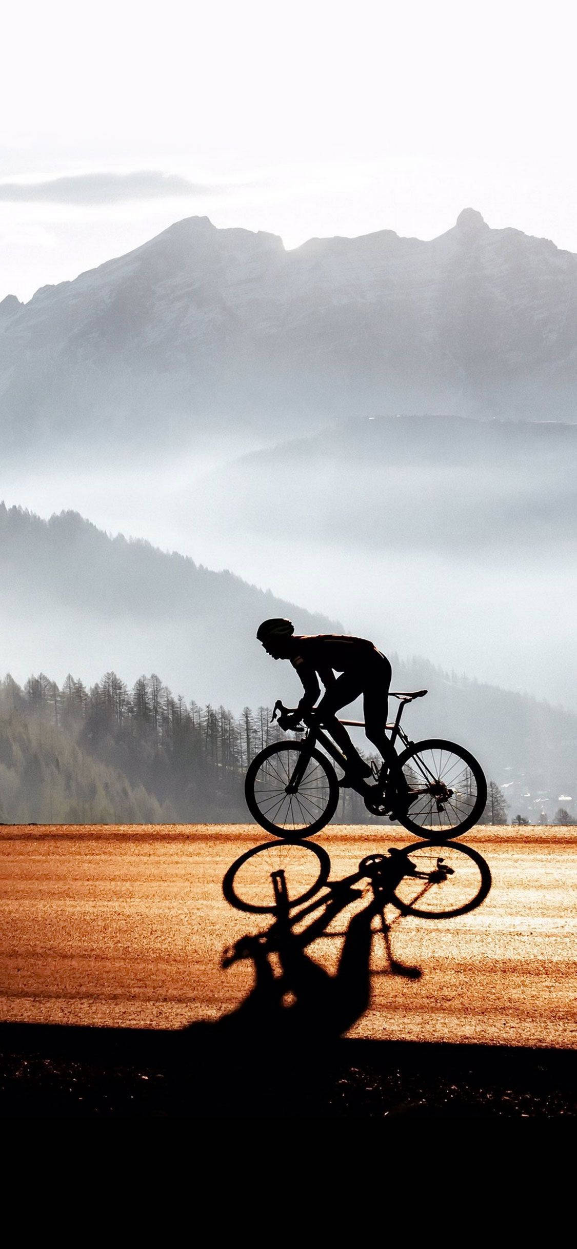 Bicycle iPhone, cyclist silhouette, misty mountain valley, Full HD Phone Wallpaper