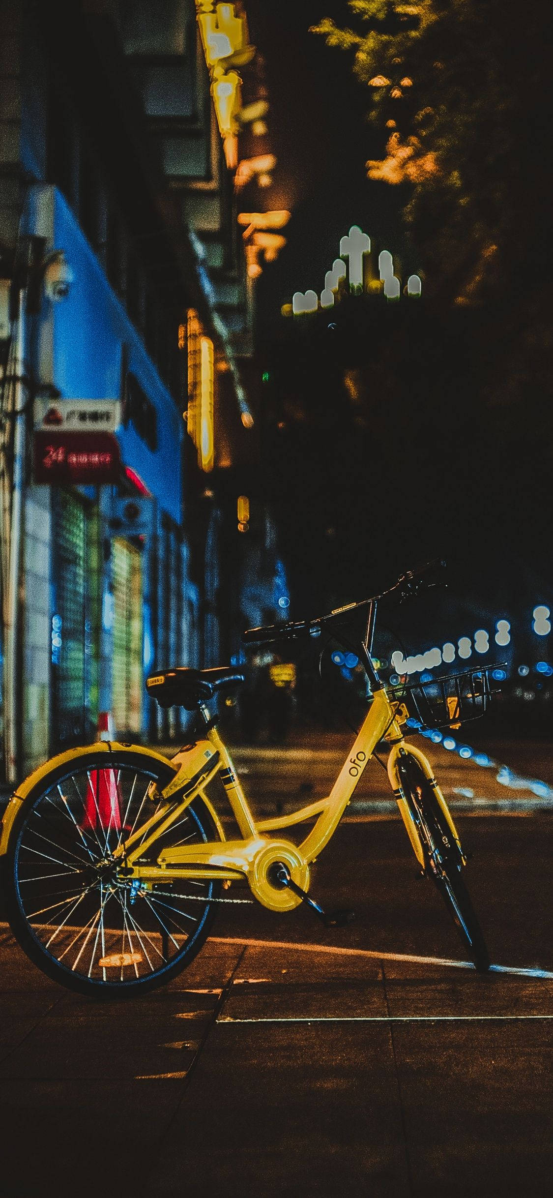 bicycle, yellow, wet city sidewalk, Full HD Phone Wallpaper