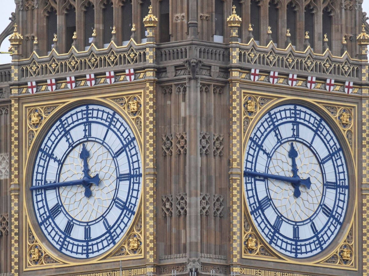 Big Ben, quarter to twelve, golden clock faces, SD Desktop Wallpaper
