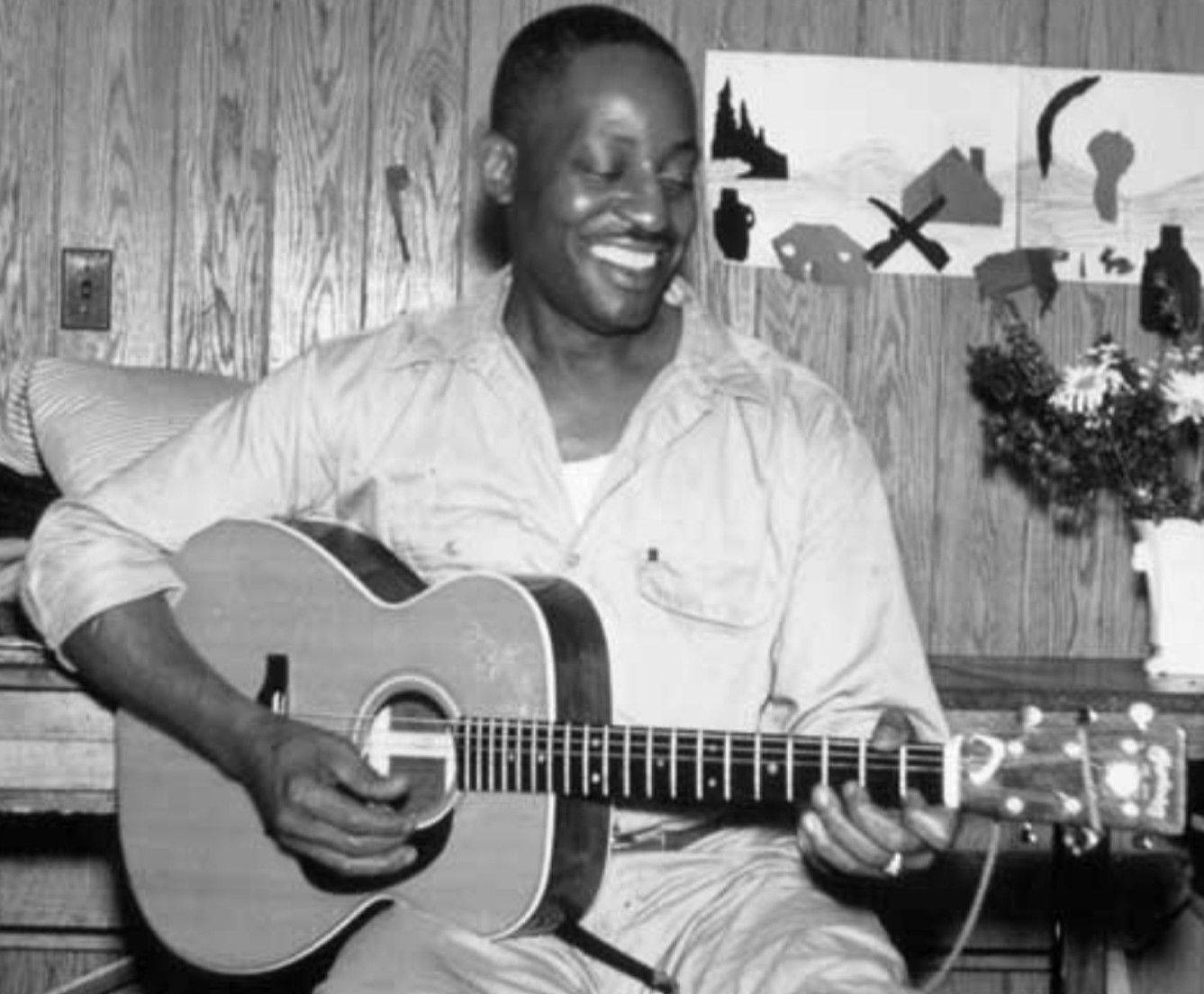 Big Bill Broonzy, acoustic guitar, wood-paneled room, HD Desktop Wallpaper