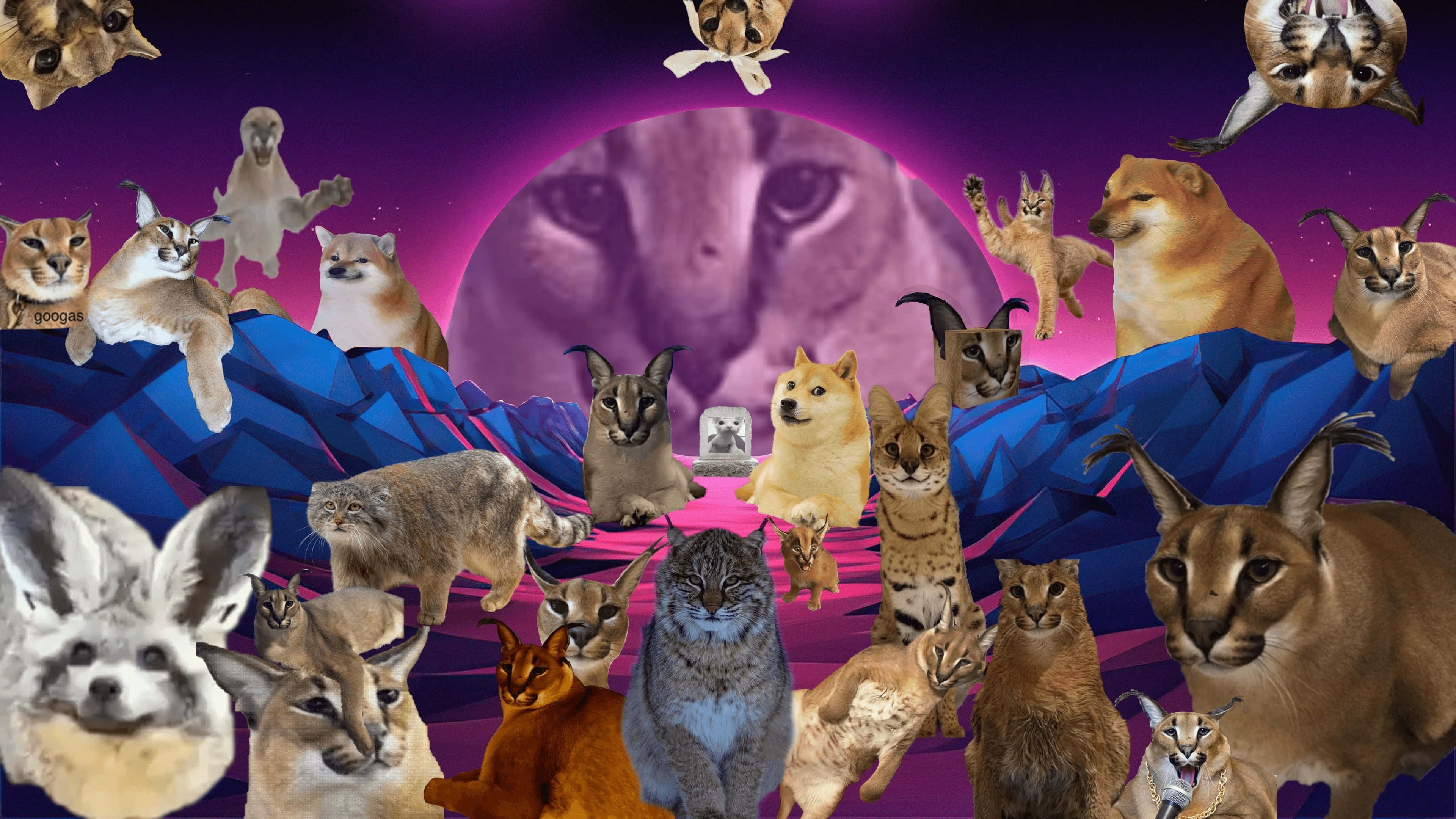 Big Floppa, cat-faced moon, geometric mountains, 4K Desktop Wallpaper